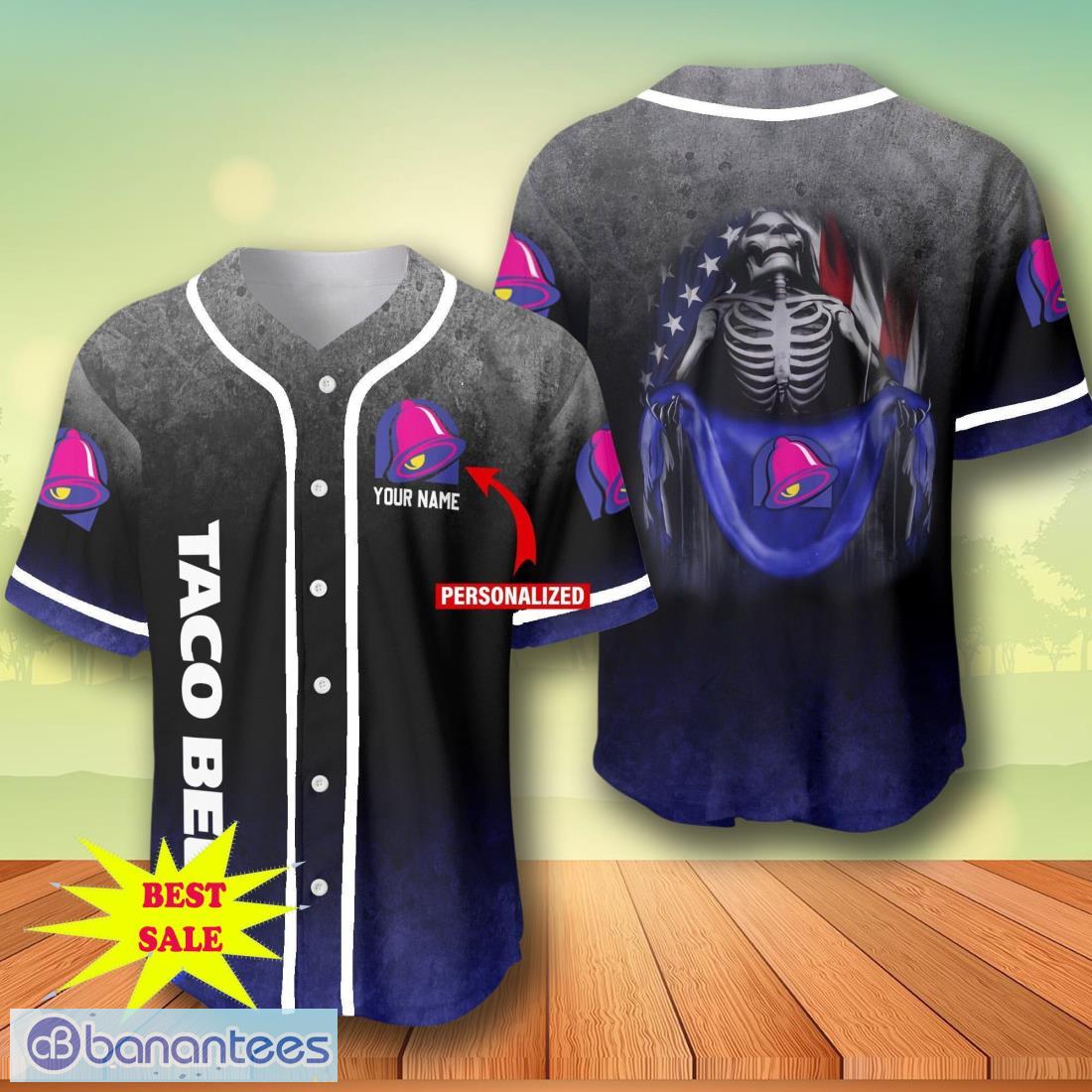 custom name taco bell skull usa flag baseball jersey for men and women image Custom Name Taco Bell Skull USA Flag Baseball Jersey For Men And Women Product Photo 1