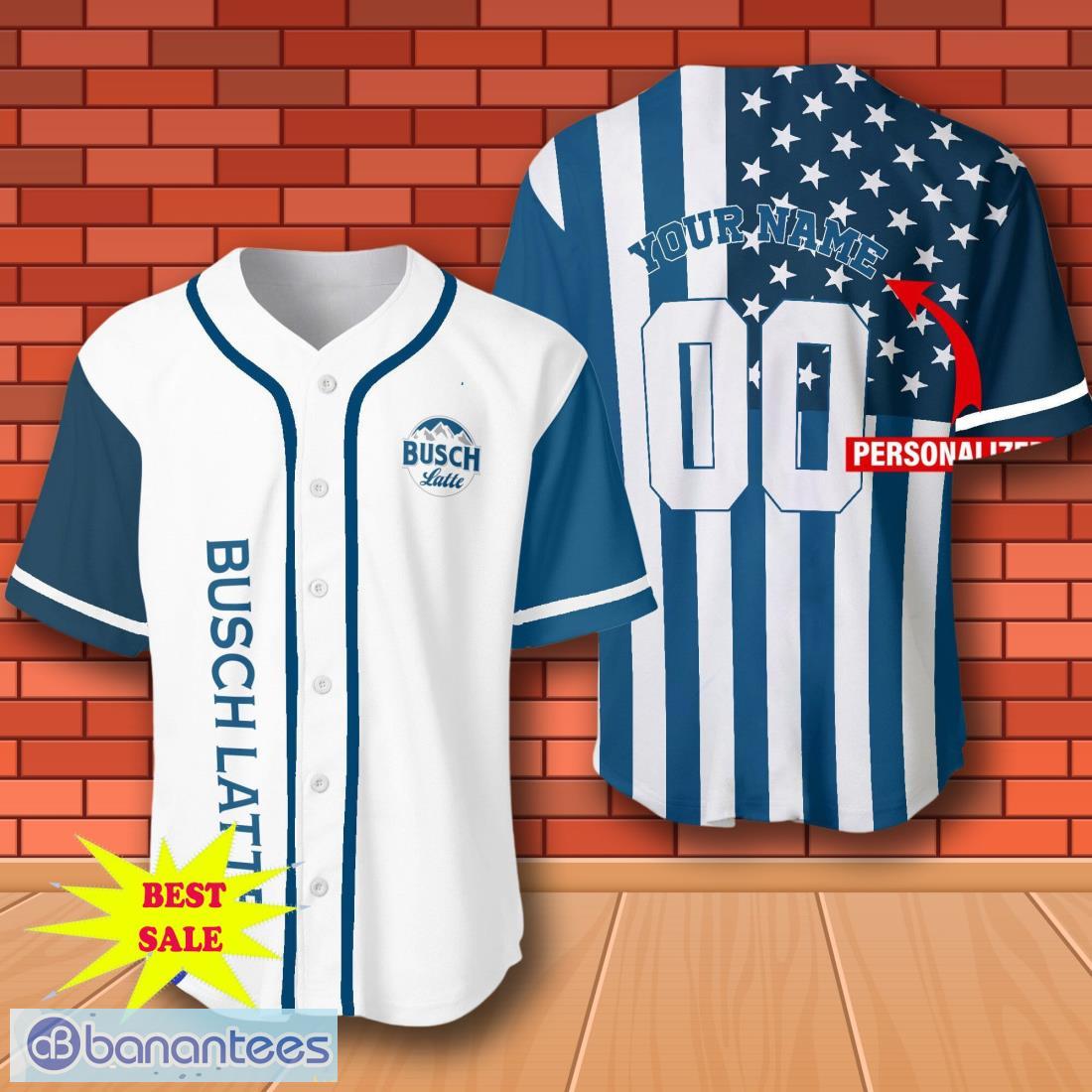 custom number and name american flag busch latte baseball jersey for men and women image Custom Number And Name American Flag Busch Latte Baseball Jersey For Men And Women Product Photo 1