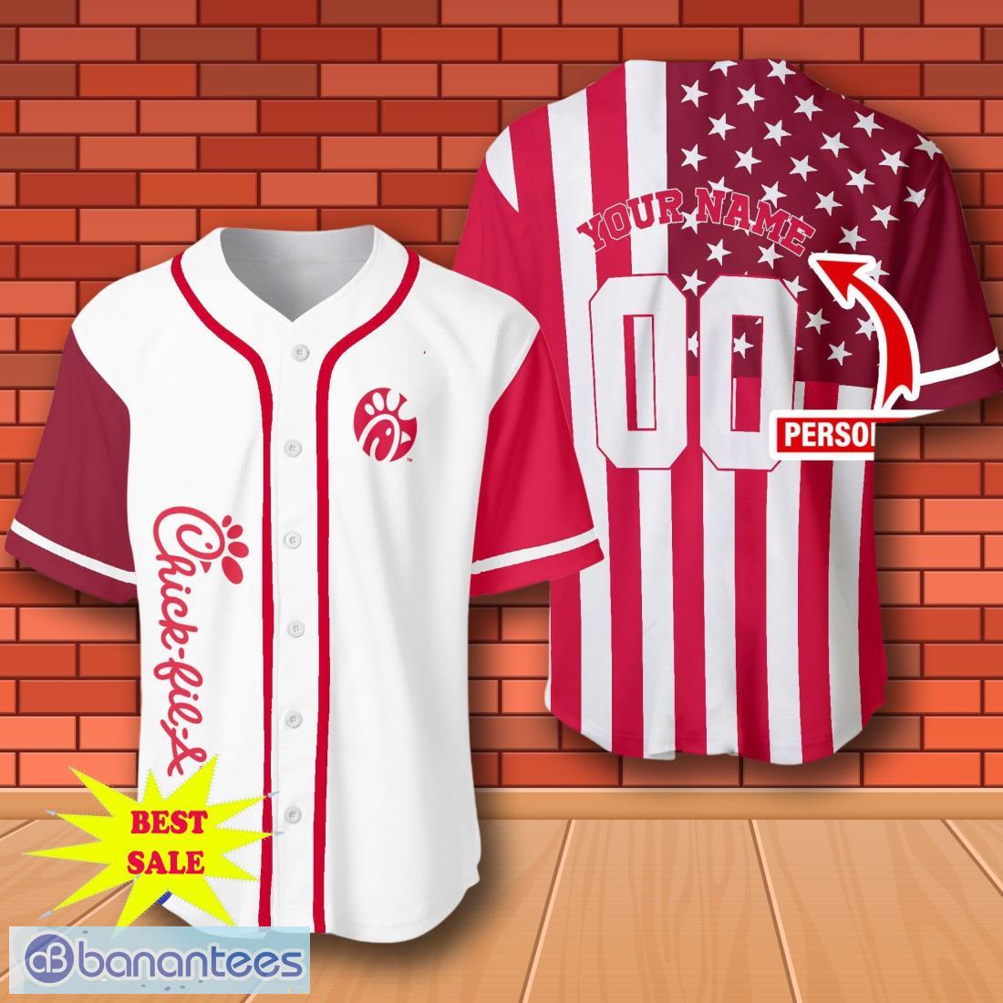 custom number and name american flag chick fil a baseball jersey for men and women image Custom Number And Name American Flag Chick-Fil-A Baseball Jersey For Men And Women Product Photo 1
