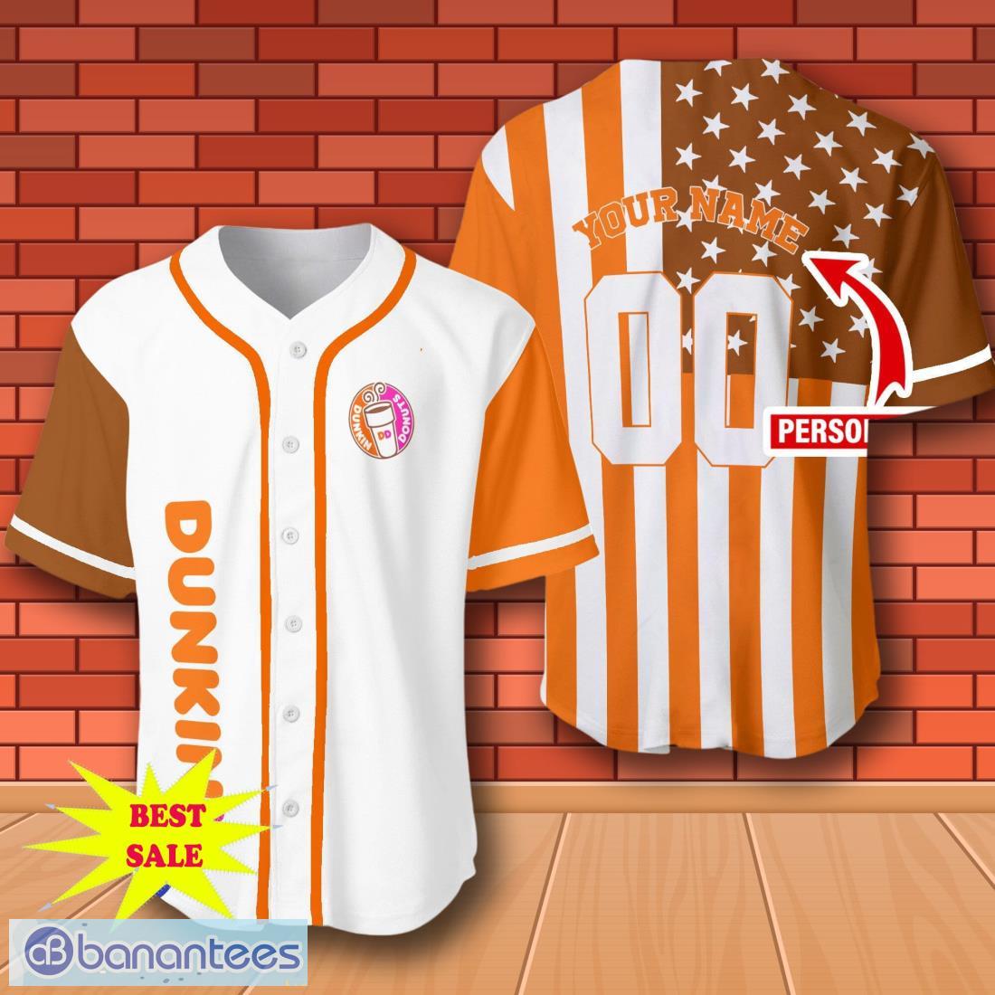 custom number and name american flag dunkin donuts baseball jersey for men and women image Custom Number And Name American Flag Dunkin Donuts Baseball Jersey For Men And Women Product Photo 1