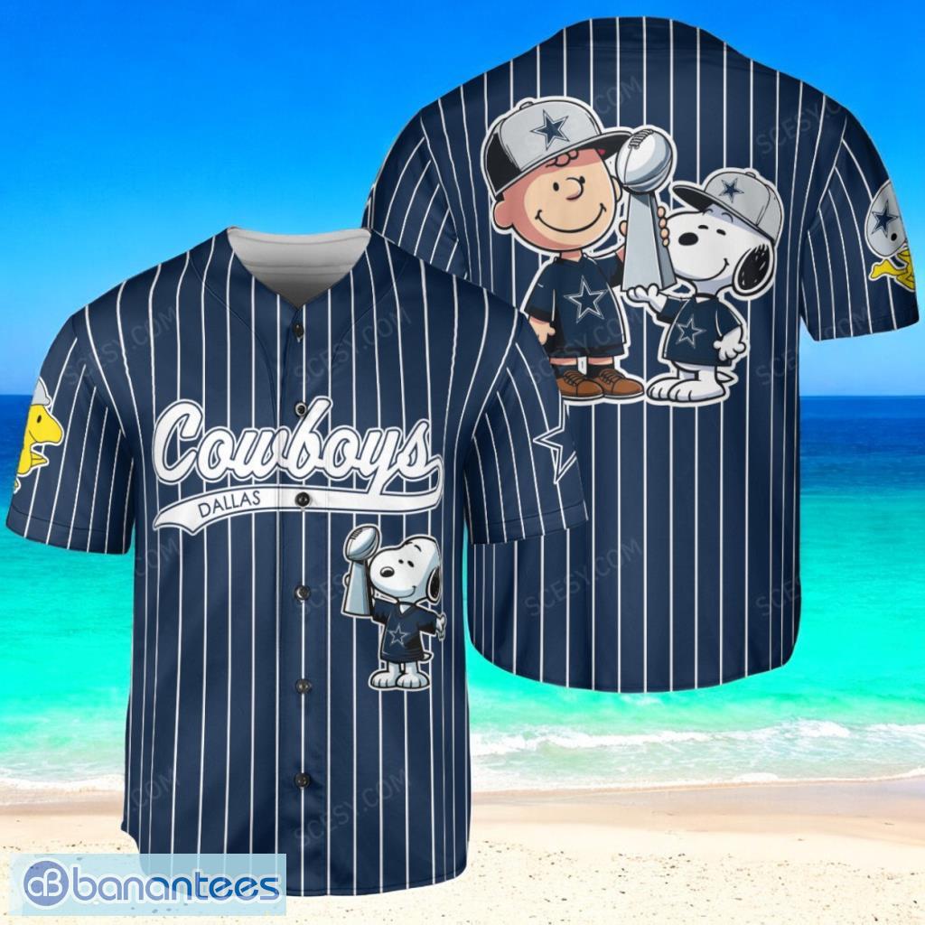 dallas cowboys peanut snoopy baseball jersey shirt navy striped limited edition image Dallas Cowboys Peanut Snoopy Baseball Jersey Shirt Navy Striped Limited Edition Product Photo 1