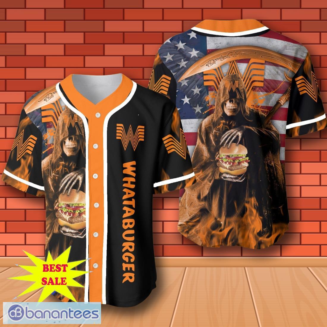 death hodling whataburger usa flag flame baseball jersey for men and women image Death Hodling Whataburger Usa Flag Flame Baseball Jersey For Men And Women Product Photo 1