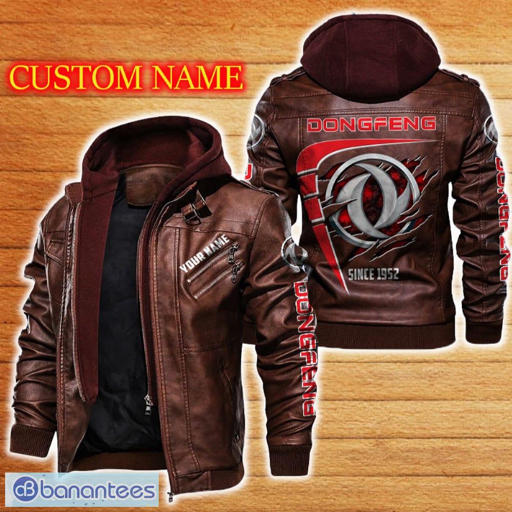 dongfeng leather jacket black and brown color car logo trending all over print gift fans custom name 1 image Dongfeng Leather Jacket Black And Brown Color Car Logo Trending All OVer Print Gift Fans Custom Name - Dongfeng Leather Jacket Car For Fans_2