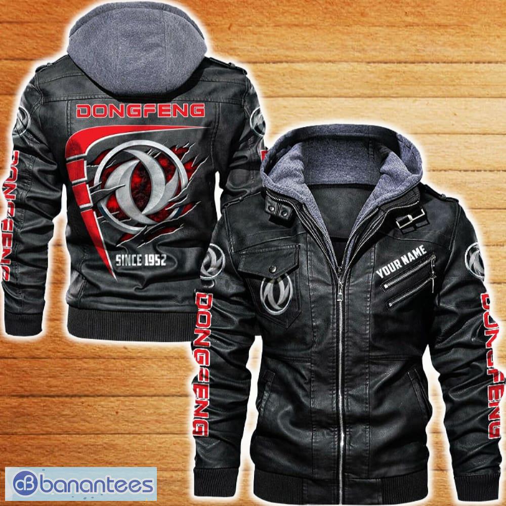dongfeng leather jacket black and brown color car logo trending all over print gift fans custom name image Dongfeng Leather Jacket Black And Brown Color Car Logo Trending All OVer Print Gift Fans Custom Name - Dongfeng Leather Jacket Car For Fans_1