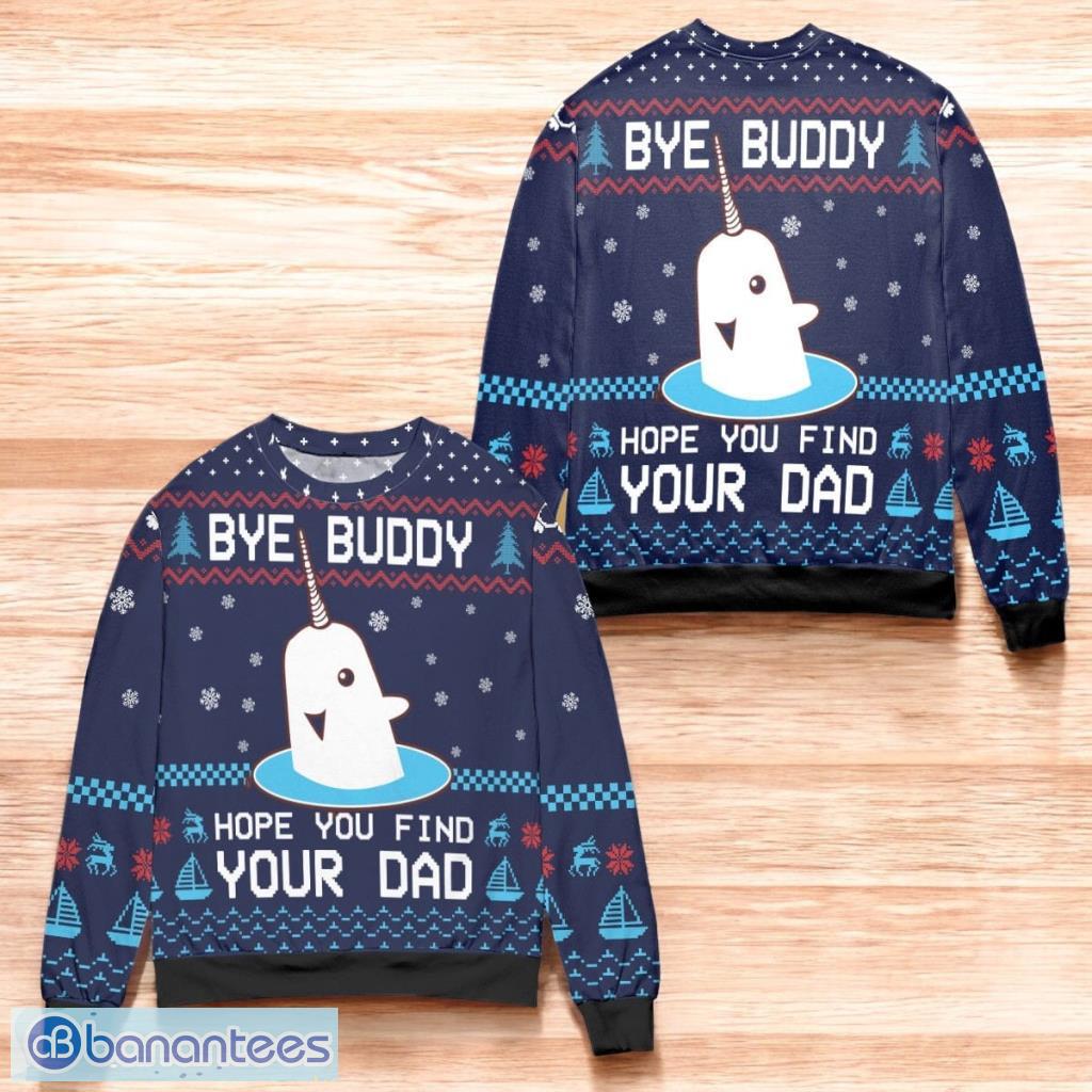 elf bye buddy hope you find your dad christmas pattern ugly christmas sweater blue image Elf Bye Buddy Hope You Find Your Dad Christmas Pattern Ugly Christmas Sweater Blue Product Photo 1