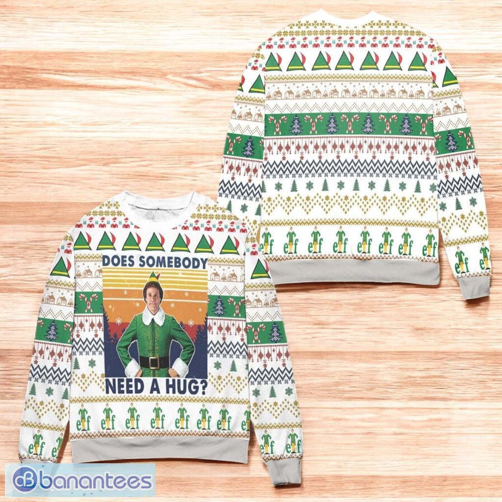 elf does somebody need a hug ugly christmas sweater white image Elf Does Somebody Need A Hug Ugly Christmas Sweater White Product Photo 1