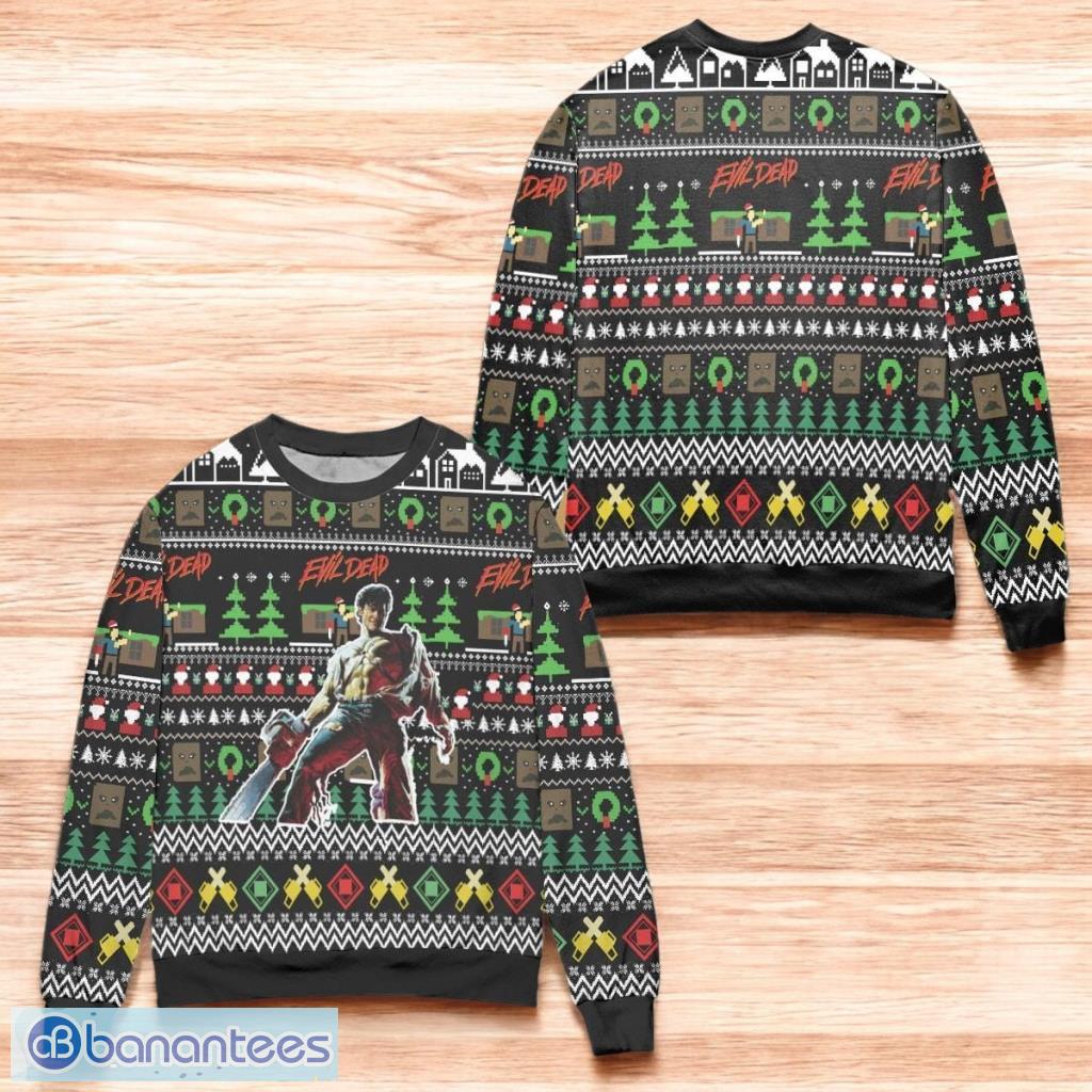 evil dead movie santa amp snowflake pattern ugly christmas sweater black image Evil Dead Movie Santa & Snowflake Pattern Ugly Christmas Sweater Black Product Photo 1