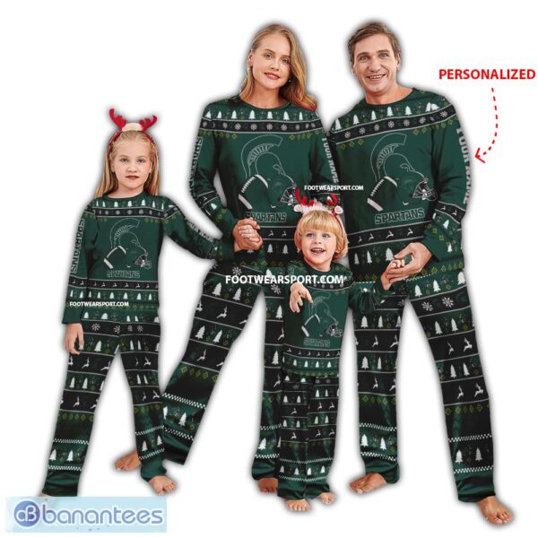 Football Pattern Michigan State Spartans Ugly Christmas Family Pajamas Set For Adult Personalized - Football Pattern Michigan State Spartans Ugly Christmas Family Pajamas Set For Adult