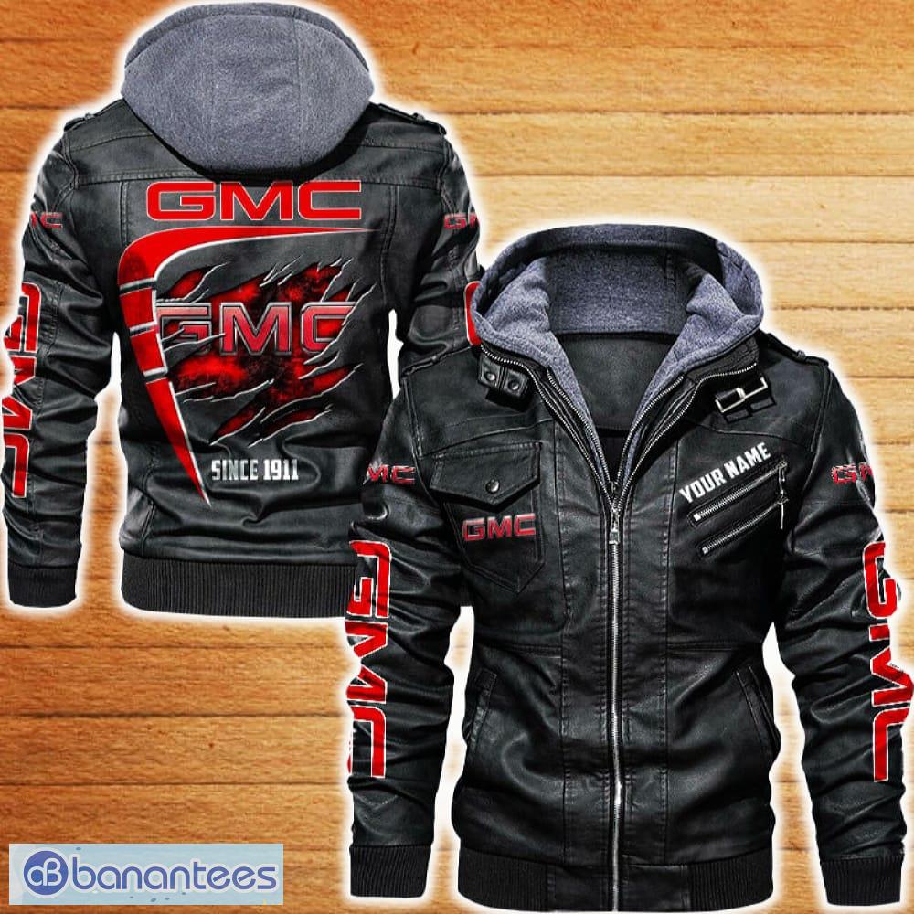 gmc leather jacket black and brown color car logo trending all over print gift fans custom name image GMC Leather Jacket Black And Brown Color Car Logo Trending All OVer Print Gift Fans Custom Name - GMC Leather Jacket Car For Fans_1