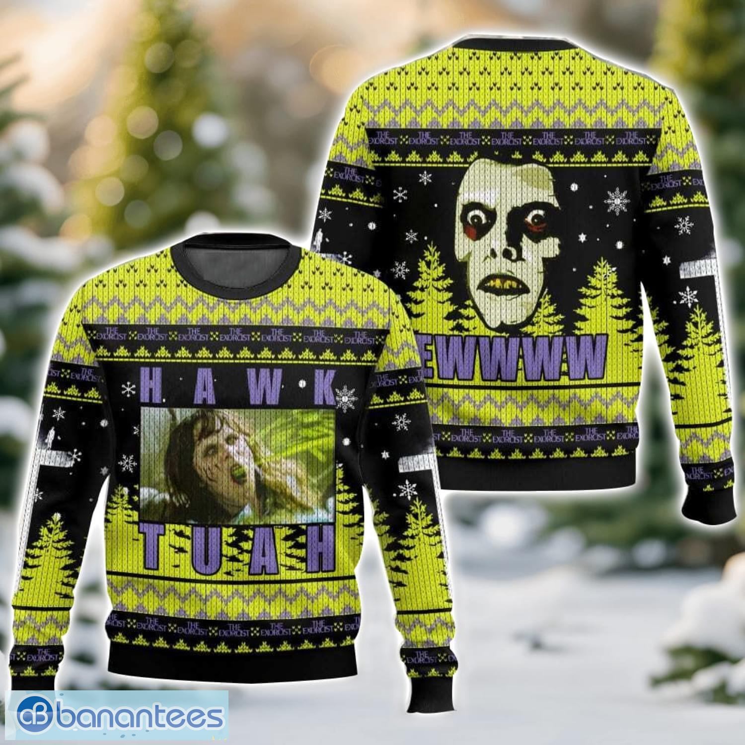 hawk tuah the exorcist horror ugly christmas sweater 3d all printed sweater christmas gift image Hawk Tuah The Exorcist Horror Ugly Christmas Sweater 3D All Printed Sweater Christmas Gift Product Photo 1