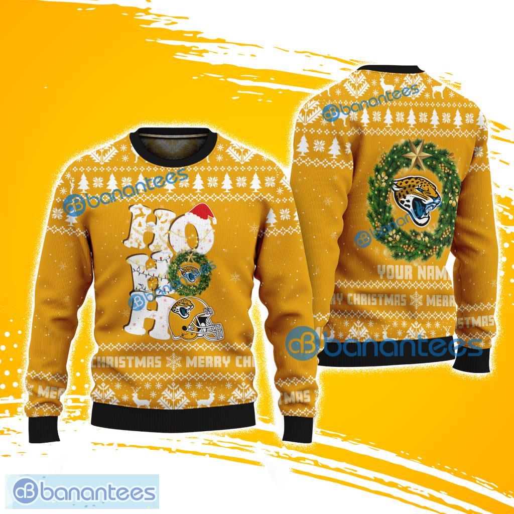 jacksonville jaguars nfl ho ho ho knitting pattern ugly christmas sweater custom name image Jacksonville Jaguars NFL Ho Ho Ho Knitting Pattern Ugly Christmas Sweater Custom Name Product Photo 1