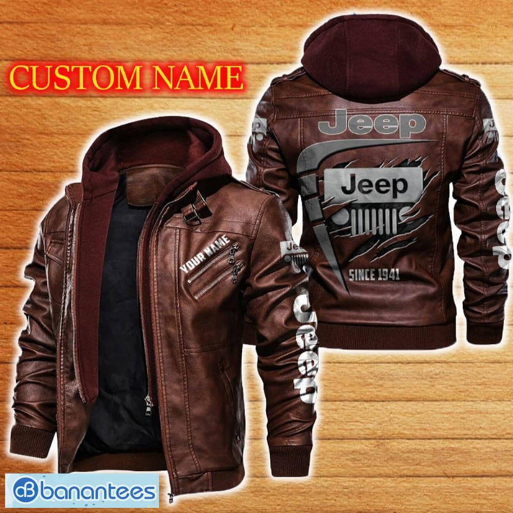 jeep leather jacket black and brown color car logo trending all over print gift fans custom name 1 image Jeep Leather Jacket Black And Brown Color Car Logo Trending All OVer Print Gift Fans Custom Name - Jeep Leather Jacket Car For Fans_2