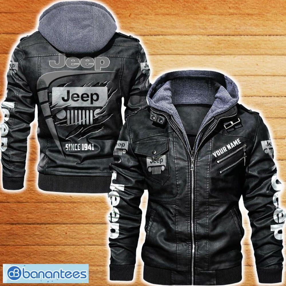 jeep leather jacket black and brown color car logo trending all over print gift fans custom name image Jeep Leather Jacket Black And Brown Color Car Logo Trending All OVer Print Gift Fans Custom Name - Jeep Leather Jacket Car For Fans_1