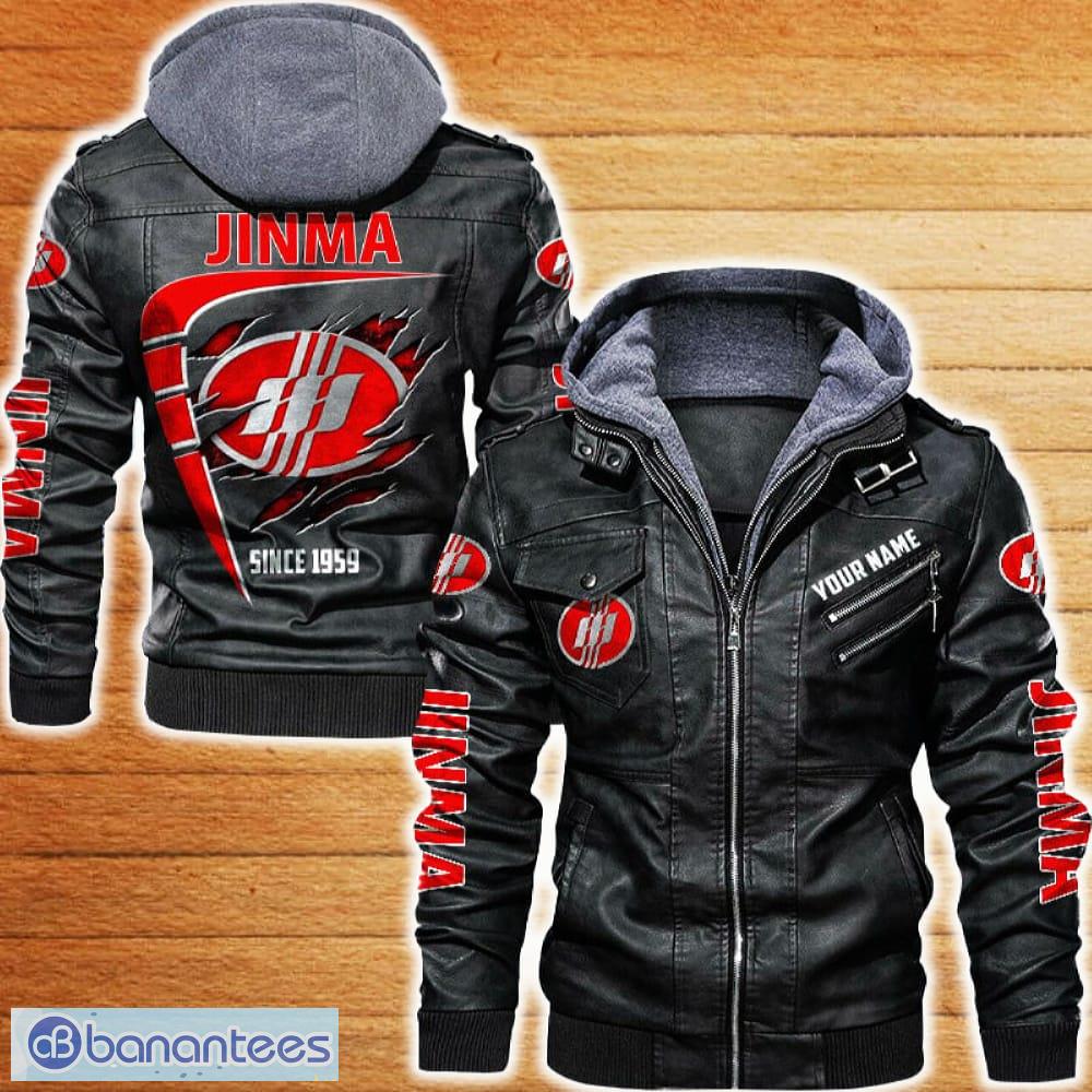 jinma leather jacket black and brown color car logo trending all over print gift fans custom name image Jinma Leather Jacket Black And Brown Color Car Logo Trending All OVer Print Gift Fans Custom Name - Jinma Leather Jacket Car For Fans_1