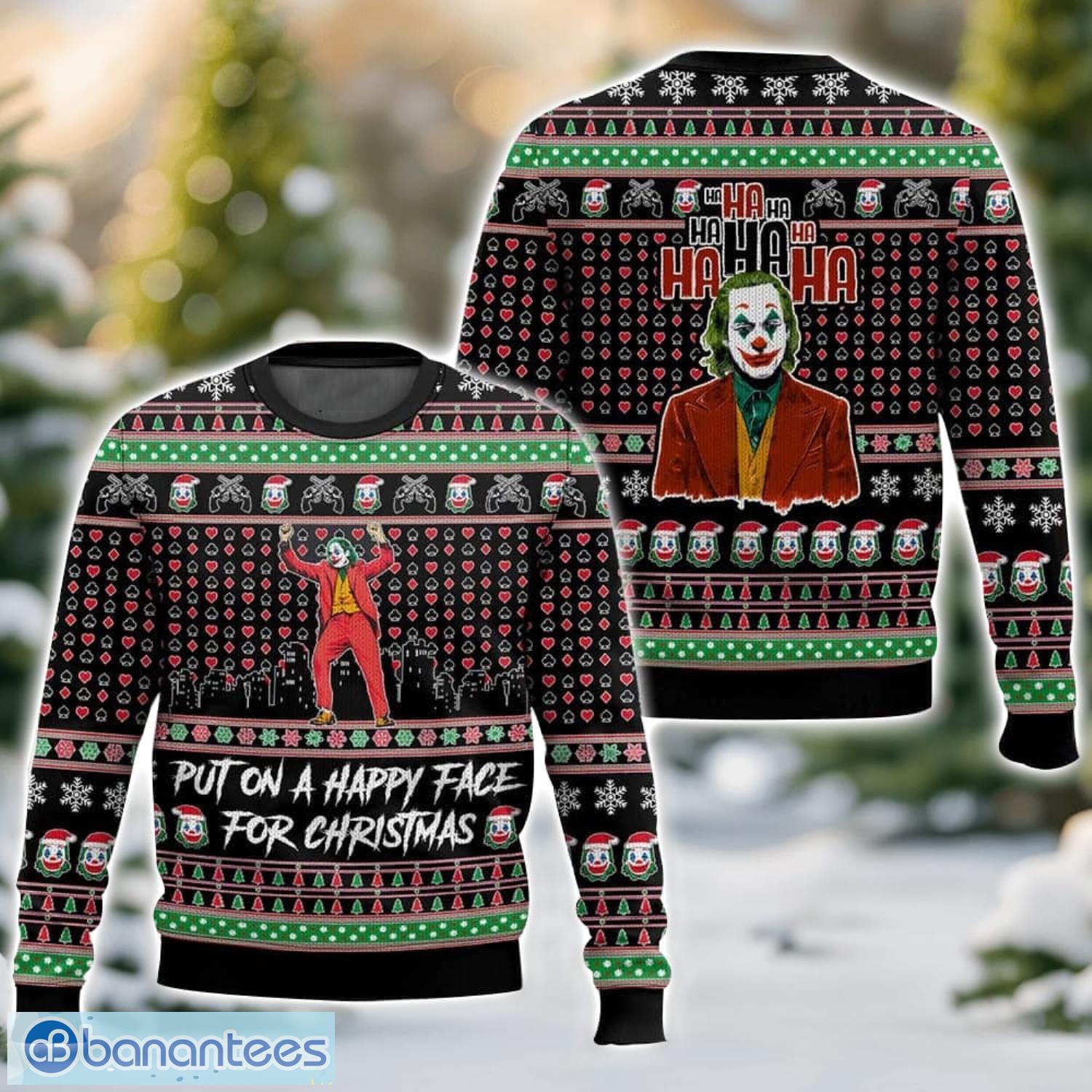 joker put on a happy face for christmas ugly christmas sweater 3d all printed sweater christmas gift image Joker “Put on a happy face for Christmas” Ugly Christmas Sweater 3D All Printed Sweater Christmas Gift Product Photo 1