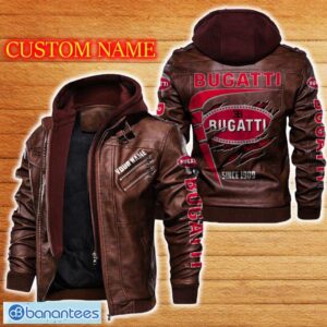 Bugatti Leather Jacket Black And Brown Color Car Logo Trending All OVer Print Gift Fans Custom Name - Bugatti Leather Jacket Car For Fans_2