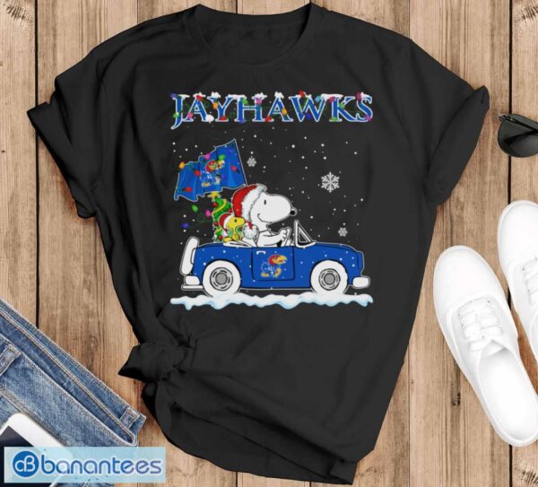 Kansas Jayhawks Snoopy And Woodstock Driving Car Cute Snoopy Limited Edition Shirt - Black T-Shirt