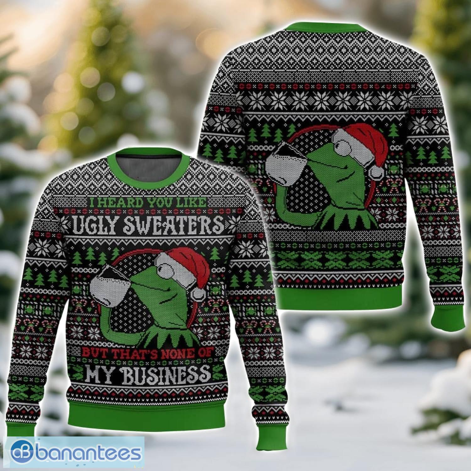 kermit the frog none of my business christmas ugly christmas sweater 3d all printed sweater christmas gift image Kermit the Frog None of my Business Christmas Ugly Christmas Sweater 3D All Printed Sweater Christmas Gift Product Photo 1