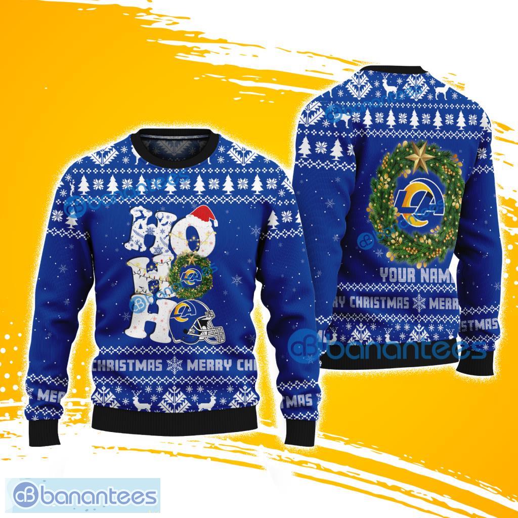 los angeles rams nfl ho ho ho knitting pattern ugly christmas sweater custom name image Los Angeles Rams NFL Ho Ho Ho Knitting Pattern Ugly Christmas Sweater Custom Name Product Photo 1