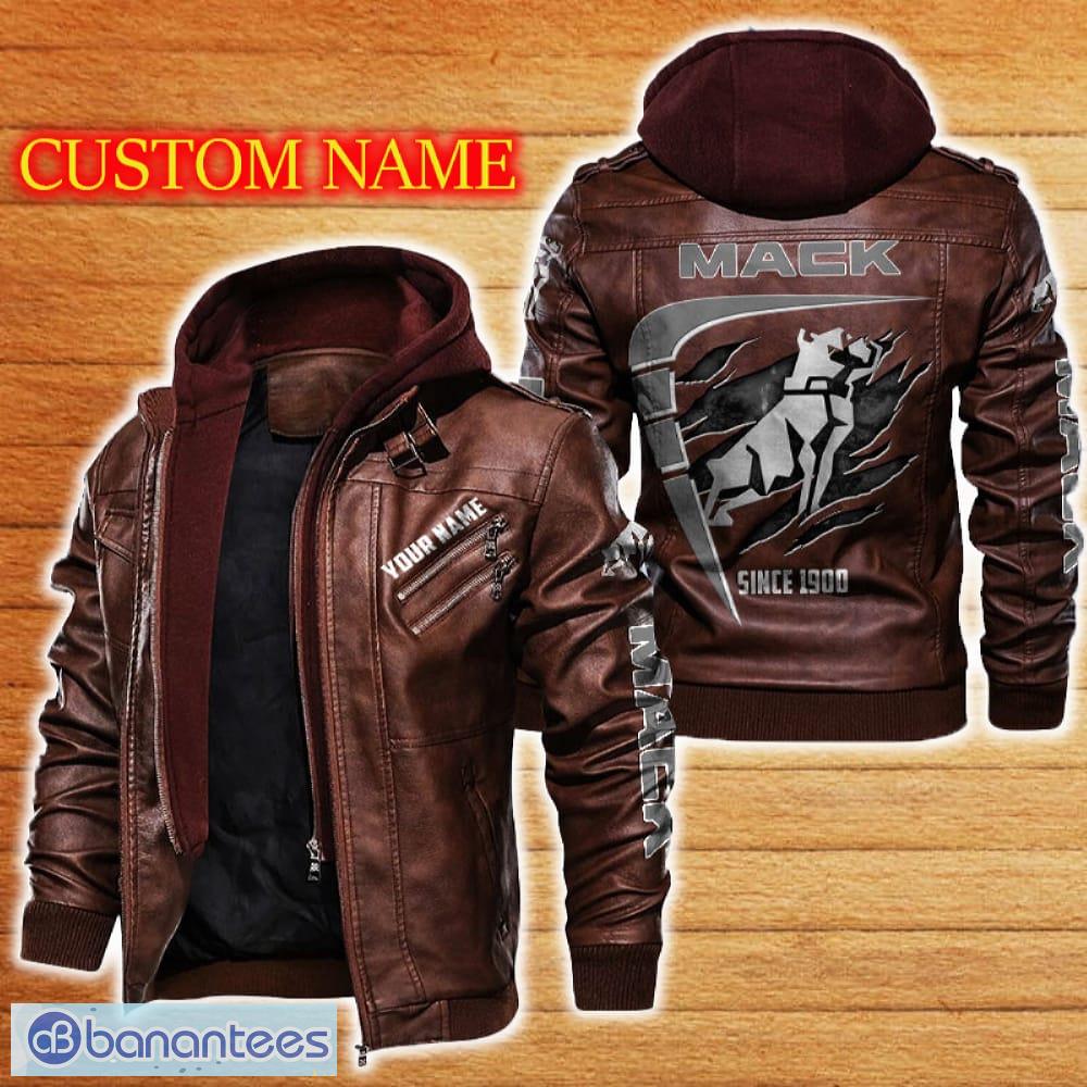 mack leather jacket black and brown color car logo trending all over print gift fans custom name 1 image Mack Leather Jacket Black And Brown Color Car Logo Trending All OVer Print Gift Fans Custom Name - Mack Leather Jacket Car For Fans_2