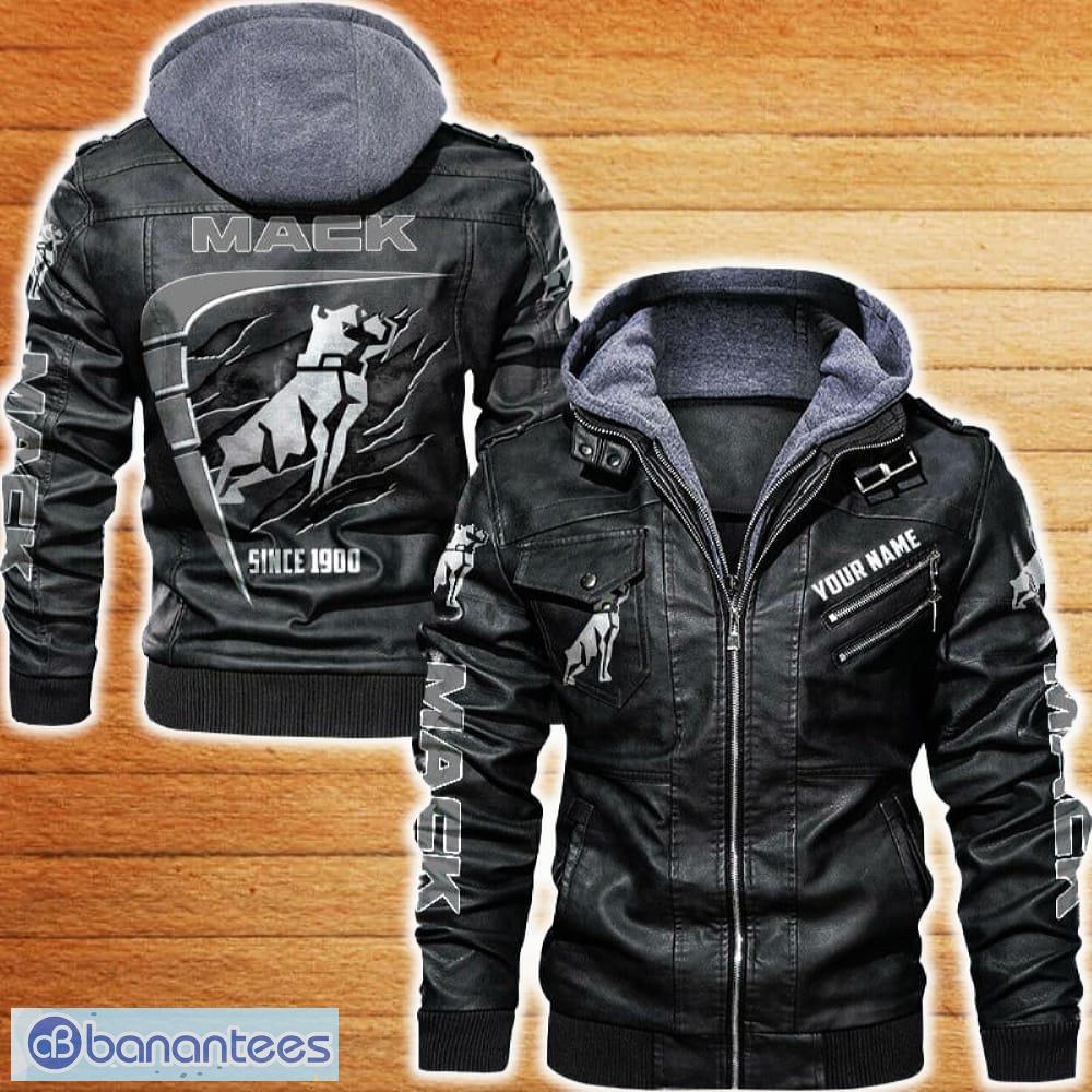 mack leather jacket black and brown color car logo trending all over print gift fans custom name image Mack Leather Jacket Black And Brown Color Car Logo Trending All OVer Print Gift Fans Custom Name - Mack Leather Jacket Car For Fans_1