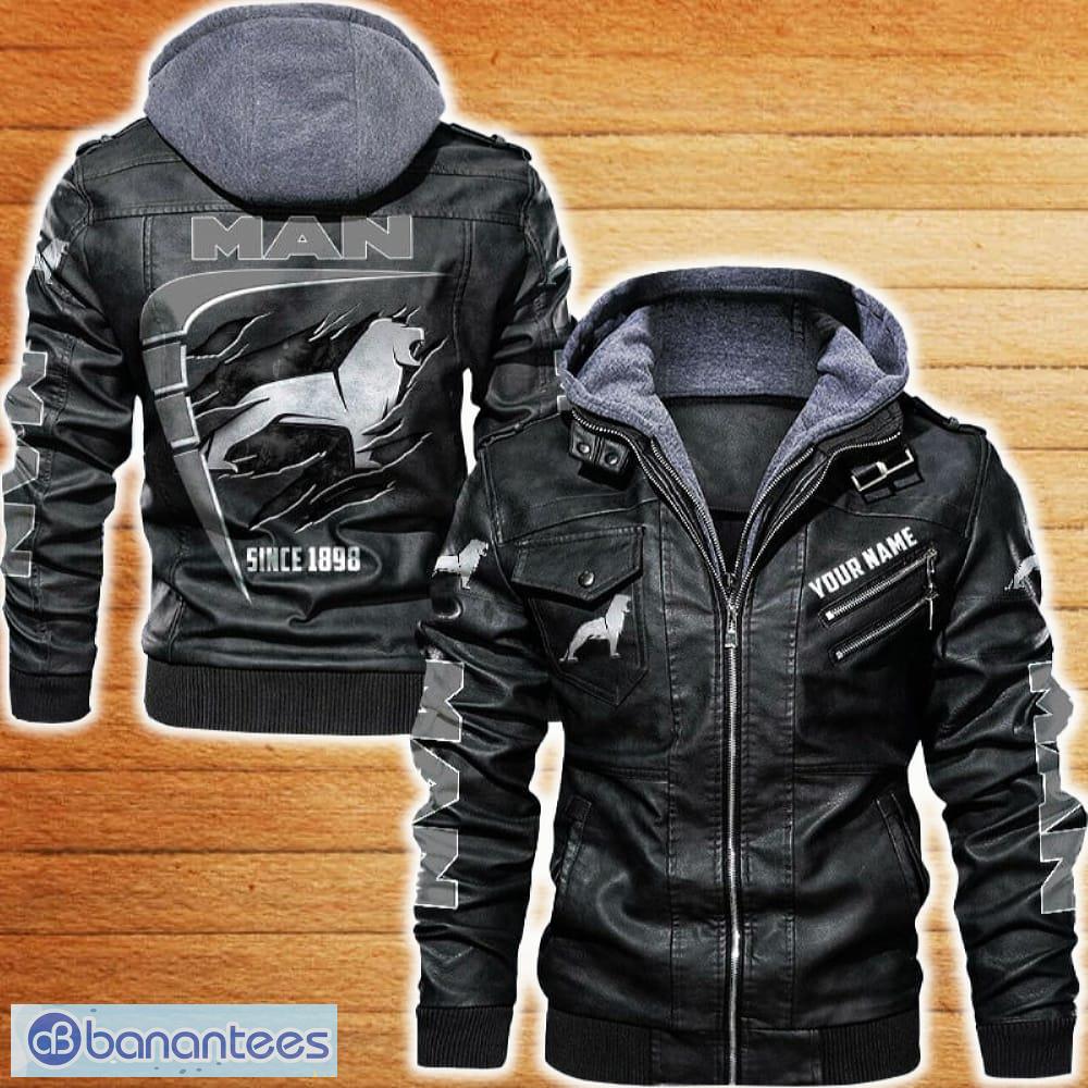 man leather jacket black and brown color car logo trending all over print gift fans custom name image MAN Leather Jacket Black And Brown Color Car Logo Trending All OVer Print Gift Fans Custom Name - MAN Leather Jacket Car For Fans_1