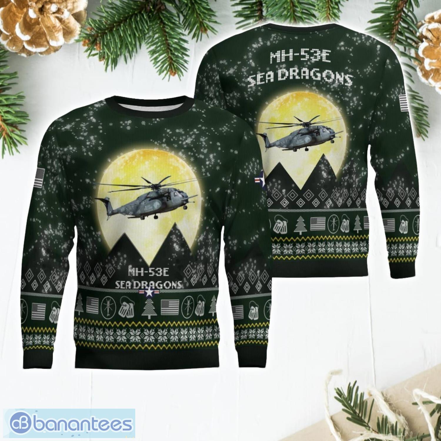 mh 53e sea dragons mh53e forest green color aircraft moonlight pattern 3d ugly christmas sweater image MH-53E Sea Dragons MH53E Forest Green Color Aircraft Moonlight Pattern 3D Ugly Christmas Sweater Product Photo 1