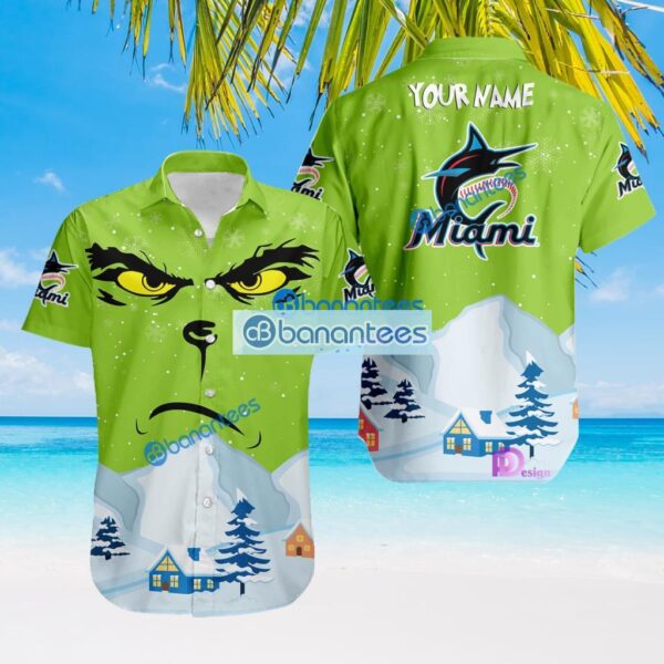 Miami Marlins MLB The Grinch Winter Christmas House Tropical Hawaiian Shirt Custom Name Product Photo 1