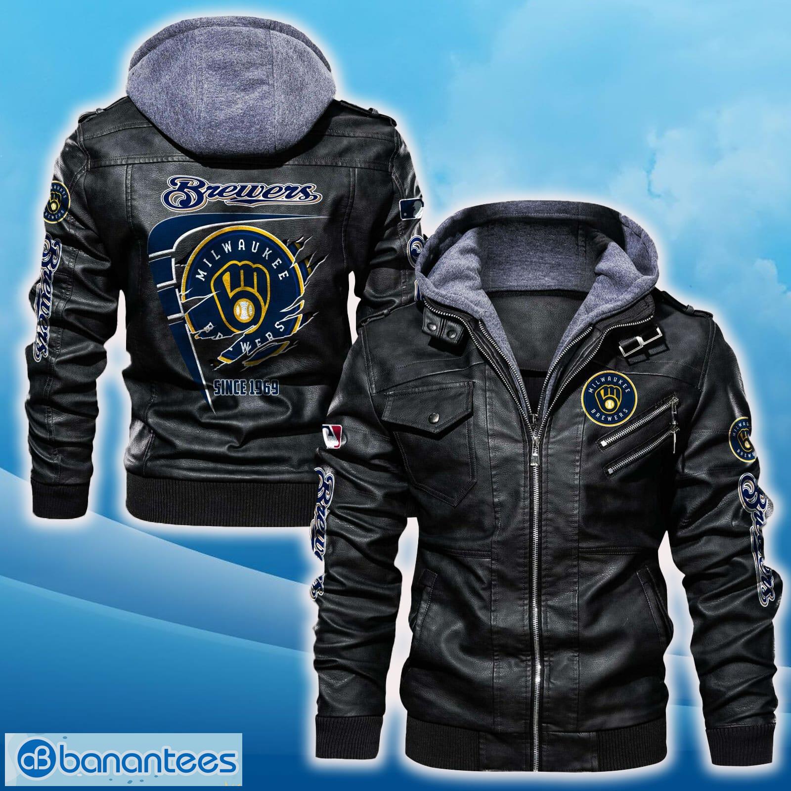 milwaukee brewers leather jacket black and brown color for men and women gift fans all over print gift fans image Milwaukee Brewers Leather Jacket Black And Brown Color For Men And Women Gift Fans All OVer Print Gift Fans - Milwaukee Brewers Leather Jacket_1