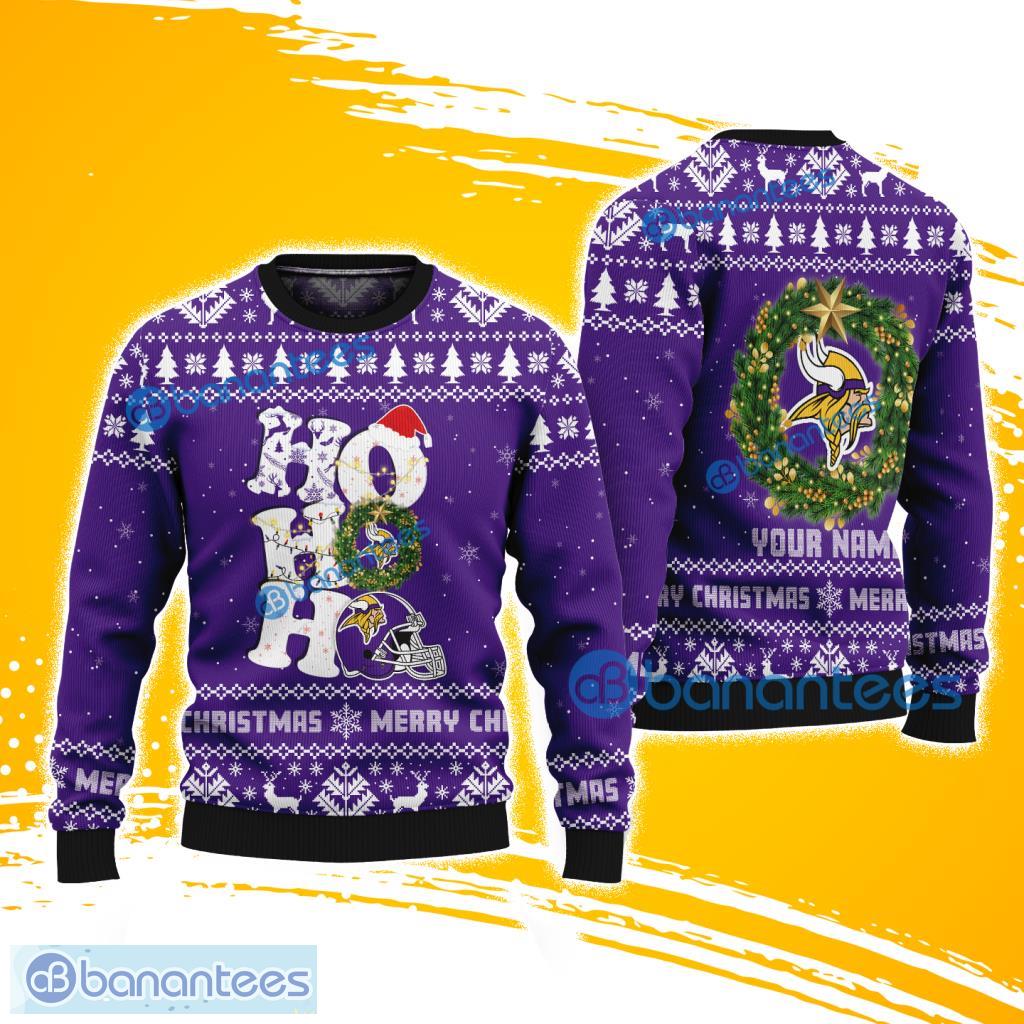 minnesota vikings nfl ho ho ho knitting pattern ugly christmas sweater custom name image Minnesota Vikings NFL Ho Ho Ho Knitting Pattern Ugly Christmas Sweater Custom Name Product Photo 1