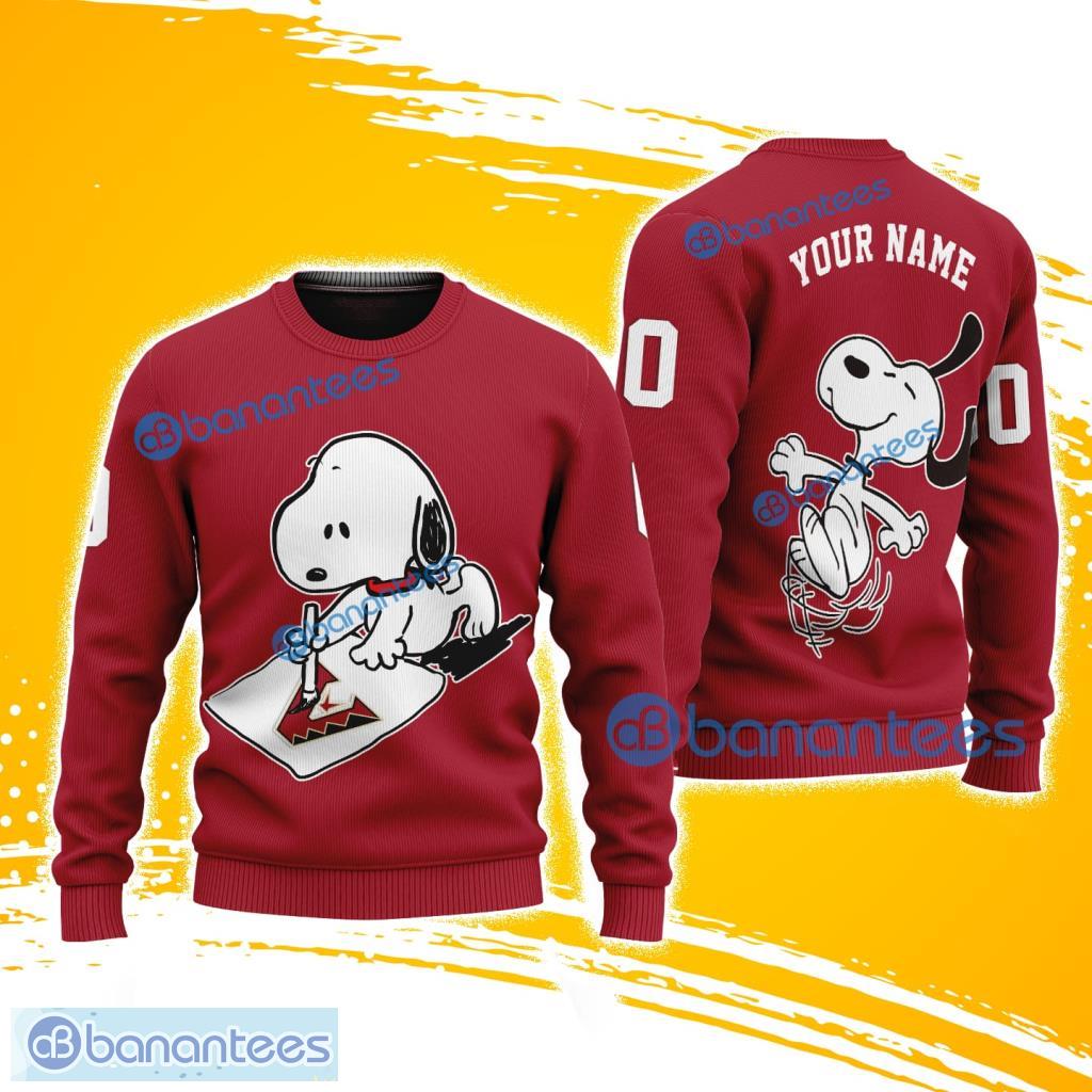 mlb arizona diamondbacks snoopy happy custom name and number christmas ugly sweater 3d image MLB Arizona Diamondbacks Snoopy Happy Custom Name And Number Christmas Ugly Sweater 3D Product Photo 1