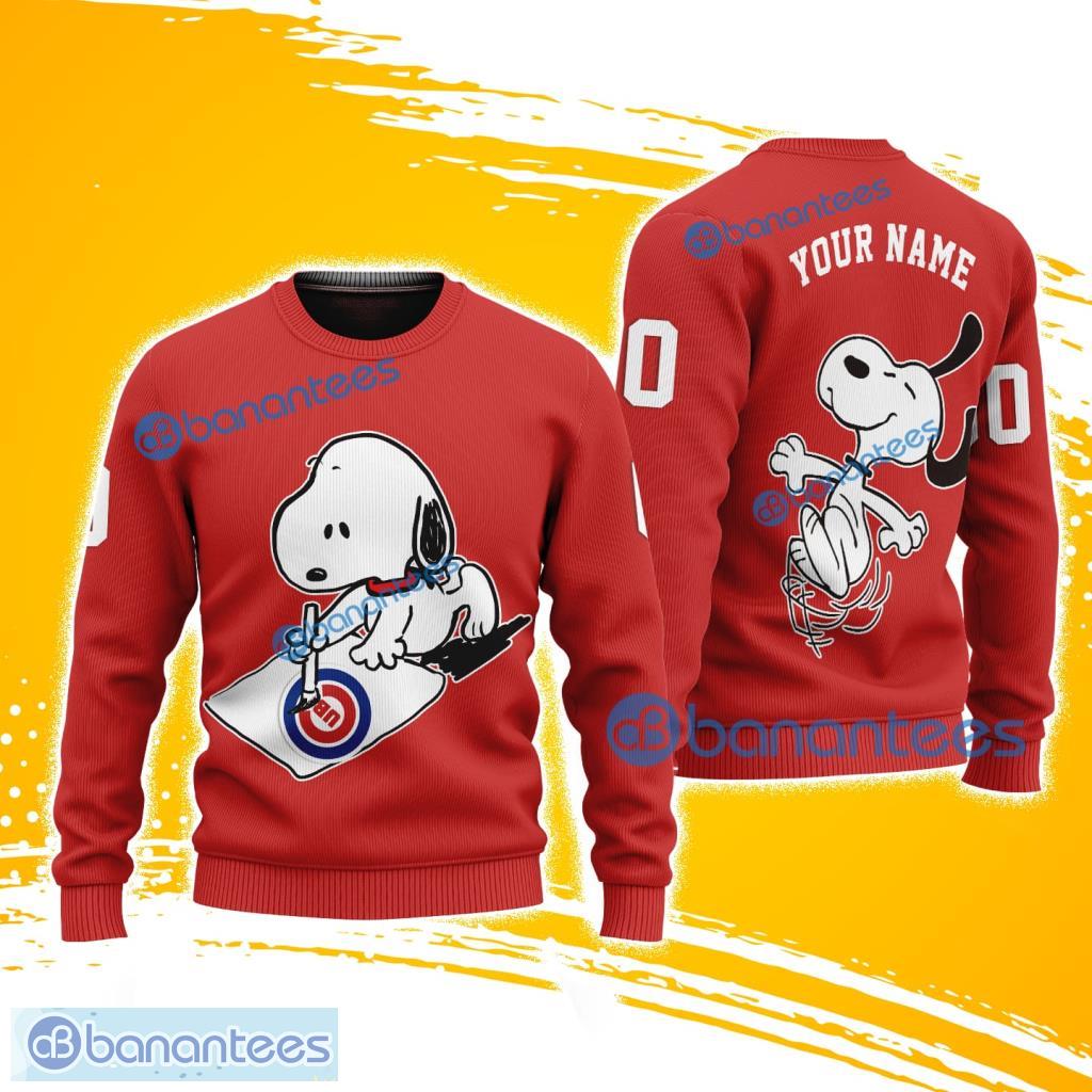 mlb chicago cubs snoopy happy custom name and number christmas ugly sweater 3d image MLB Chicago Cubs Snoopy Happy Custom Name And Number Christmas Ugly Sweater 3D Product Photo 1