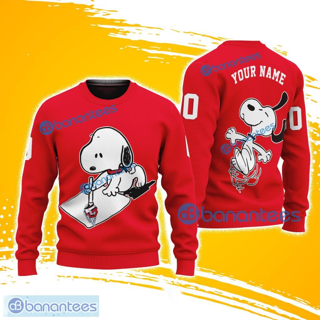 mlb cleveland guardians snoopy happy custom name and number christmas ugly sweater 3d image MLB Cleveland Guardians Snoopy Happy Custom Name And Number Christmas Ugly Sweater 3D Product Photo 1