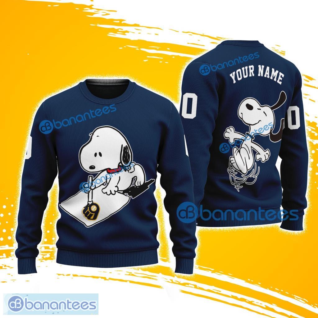 mlb milwaukee brewers snoopy happy custom name and number christmas ugly sweater 3d image MLB Milwaukee Brewers Snoopy Happy Custom Name And Number Christmas Ugly Sweater 3D Product Photo 1