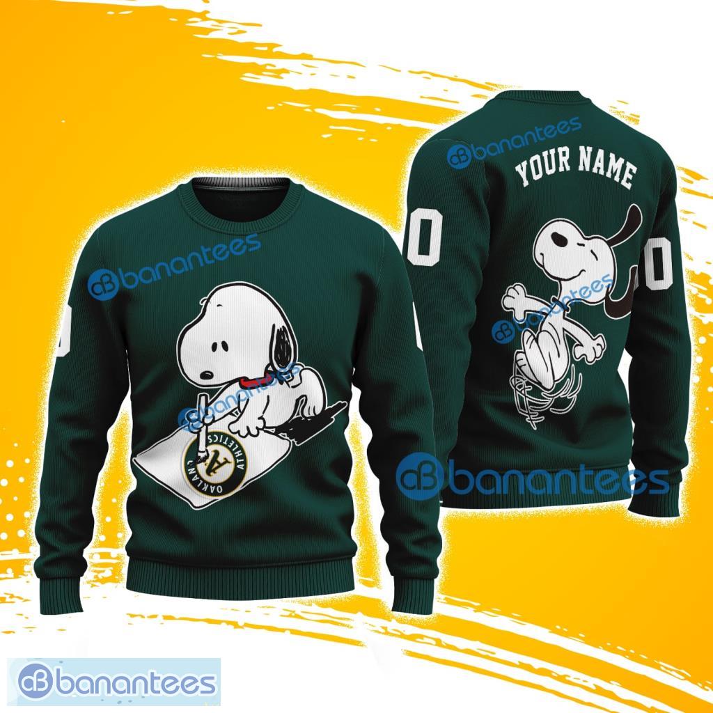 mlb oakland athletics snoopy happy custom name and number christmas ugly sweater 3d image MLB Oakland Athletics Snoopy Happy Custom Name And Number Christmas Ugly Sweater 3D Product Photo 1
