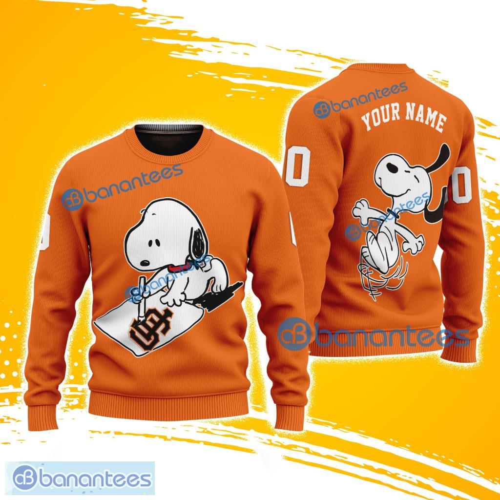 mlb san francisco giants snoopy happy custom name and number christmas ugly sweater 3d image MLB San Francisco Giants Snoopy Happy Custom Name And Number Christmas Ugly Sweater 3D Product Photo 1