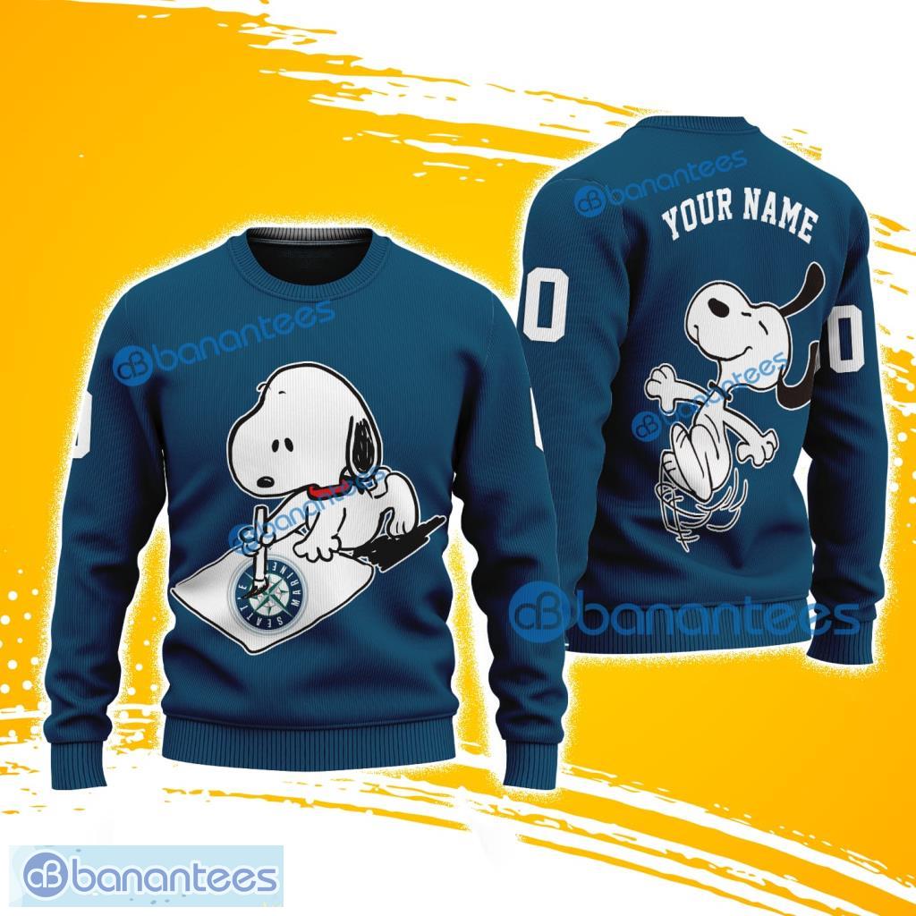 mlb seattle mariners snoopy happy custom name and number christmas ugly sweater 3d image MLB Seattle Mariners Snoopy Happy Custom Name And Number Christmas Ugly Sweater 3D Product Photo 1