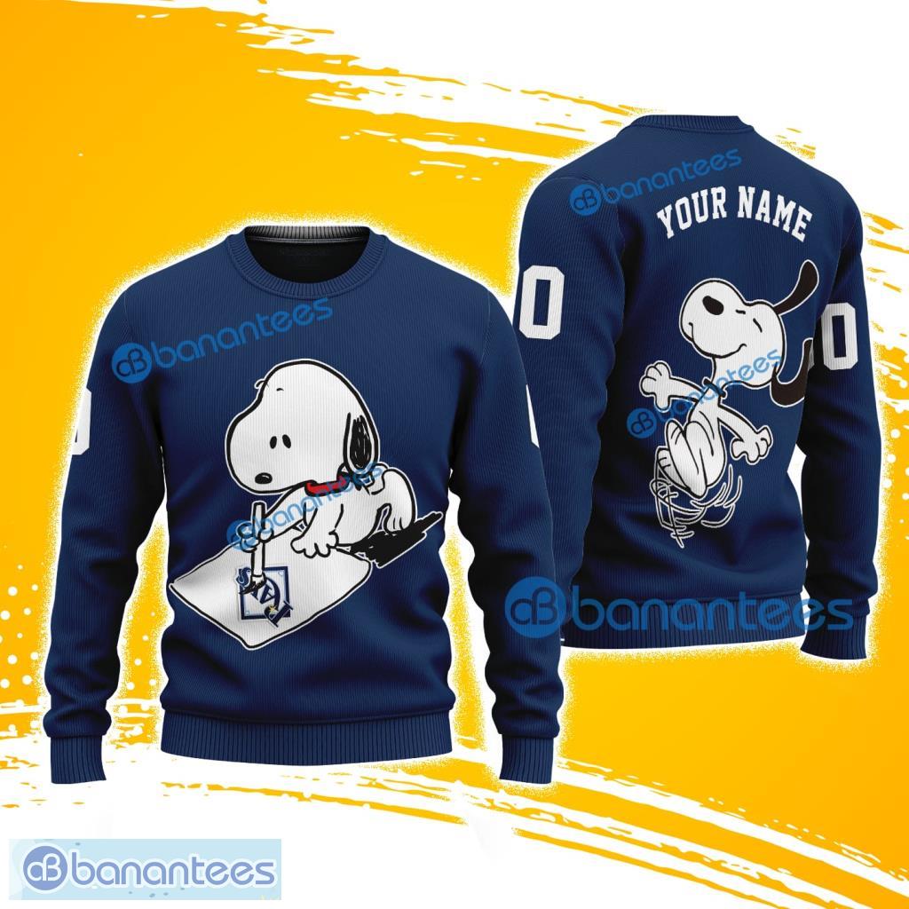 mlb tampa bay rays snoopy happy custom name and number christmas ugly sweater 3d image MLB Tampa Bay Rays Snoopy Happy Custom Name And Number Christmas Ugly Sweater 3D Product Photo 1