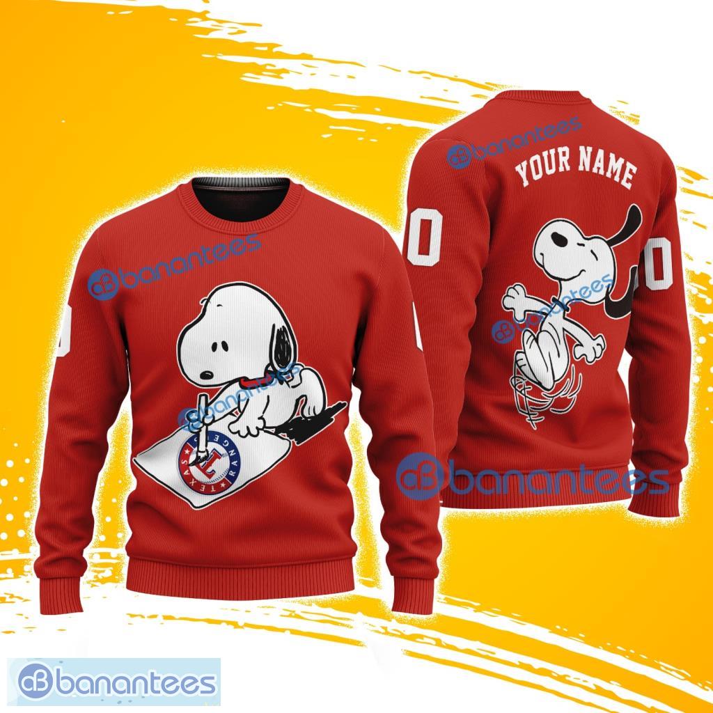mlb texas rangers snoopy happy custom name and number christmas ugly sweater 3d image MLB Texas Rangers Snoopy Happy Custom Name And Number Christmas Ugly Sweater 3D Product Photo 1