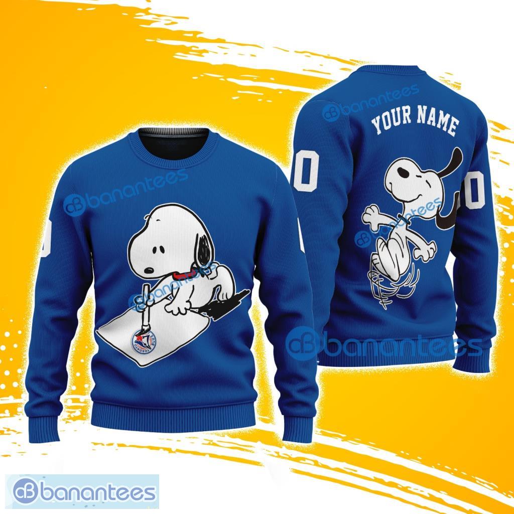 mlb toronto blue jays snoopy happy custom name and number christmas ugly sweater 3d image MLB Toronto Blue Jays Snoopy Happy Custom Name And Number Christmas Ugly Sweater 3D Product Photo 1