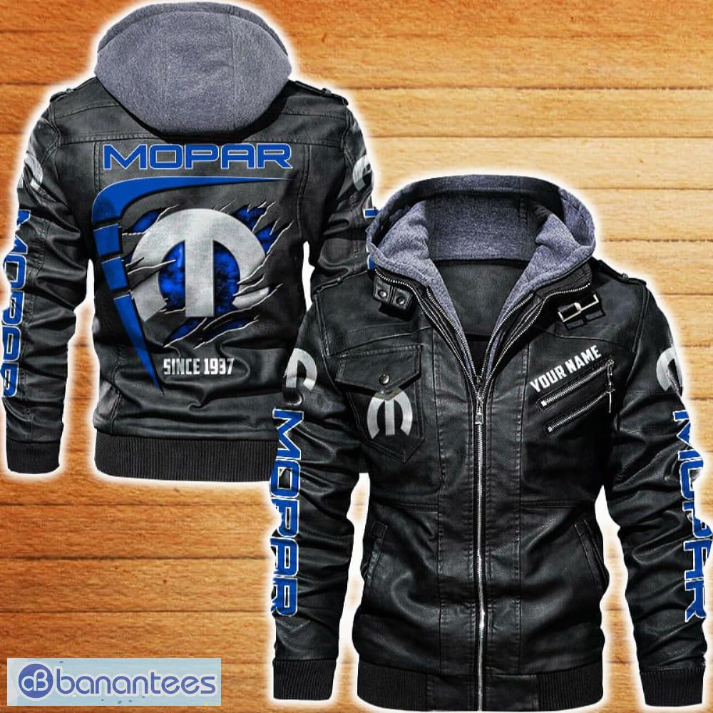 mopar leather jacket black and brown color car logo trending all over print gift fans custom name image Mopar Leather Jacket Black And Brown Color Car Logo Trending All OVer Print Gift Fans Custom Name - Mopar Leather Jacket Car For Fans_1