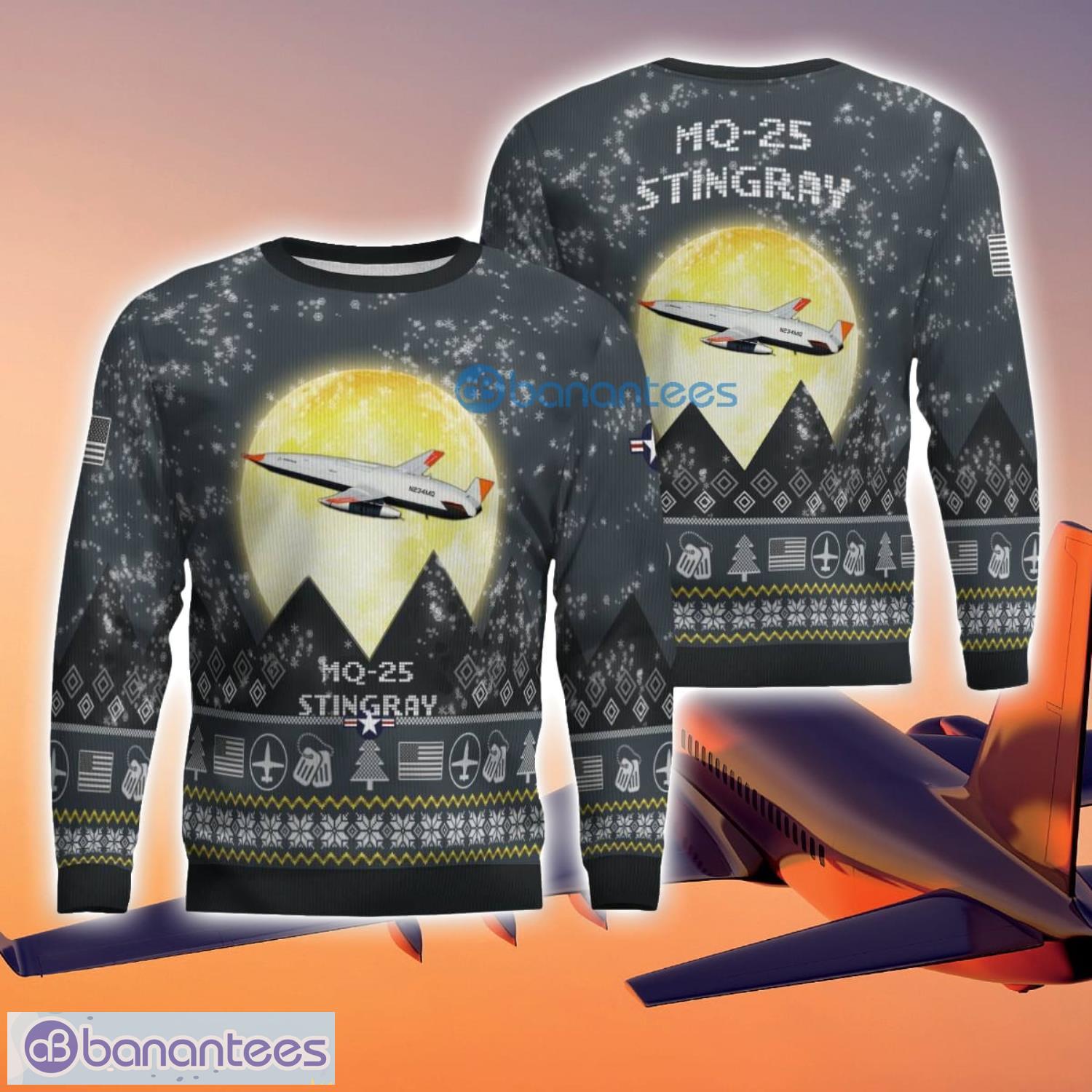 mq 25 stingray mq25 3d aircraft moonlight grey ugly christmas sweater for fans image MQ-25 Stingray MQ25 3D Aircraft Moonlight Grey Ugly Christmas Sweater For Fans Product Photo 1