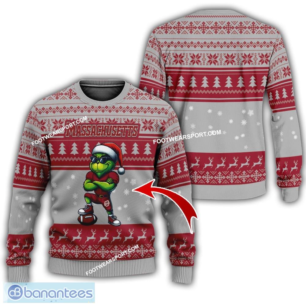 ncaa massachusetts minutemen player grinch ugly xmas sweater gift holidays image NCAA Massachusetts Minutemen Player Grinch Ugly Xmas Sweater Gift Holidays - NCAA Massachusetts Minutemen New Grinch Ugly Christmas Sweater Photo 1