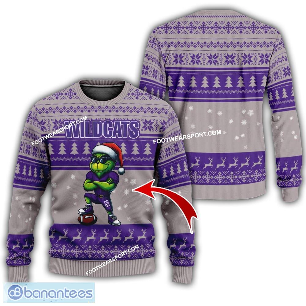 ncaa northwestern wildcats grinch football ugly 3d sweater gift for christmas image NCAA Northwestern Wildcats Grinch Football Ugly 3D Sweater Gift For Christmas - NCAA Northwestern Wildcats New Grinch Ugly Christmas Sweater Photo 1