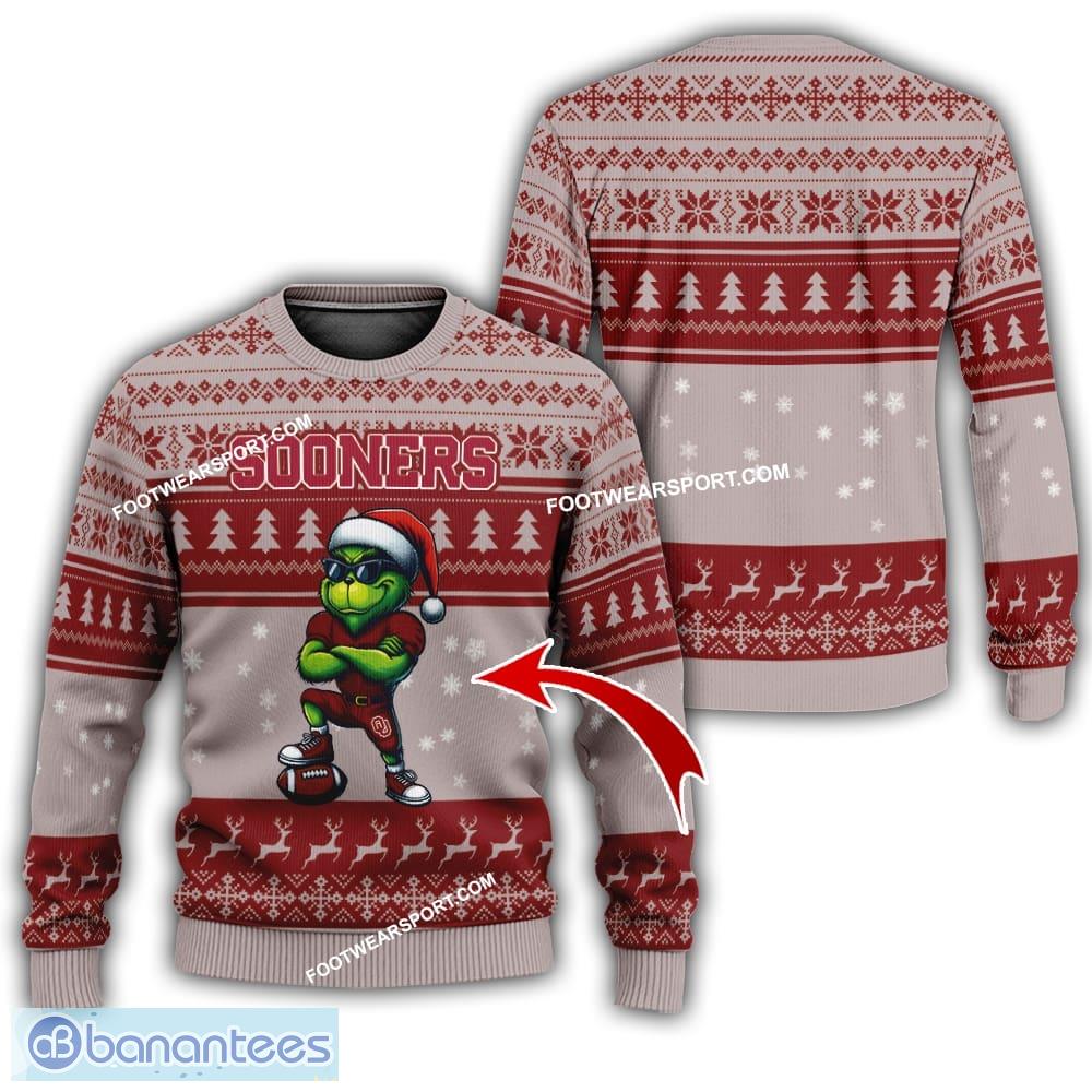 ncaa oklahoma sooners grinch football knitted sweater aop gift for christmas image NCAA Oklahoma Sooners Grinch Football Knitted Sweater AOP Gift For Christmas - NCAA Oklahoma Sooners New Grinch Ugly Christmas Sweater Photo 1