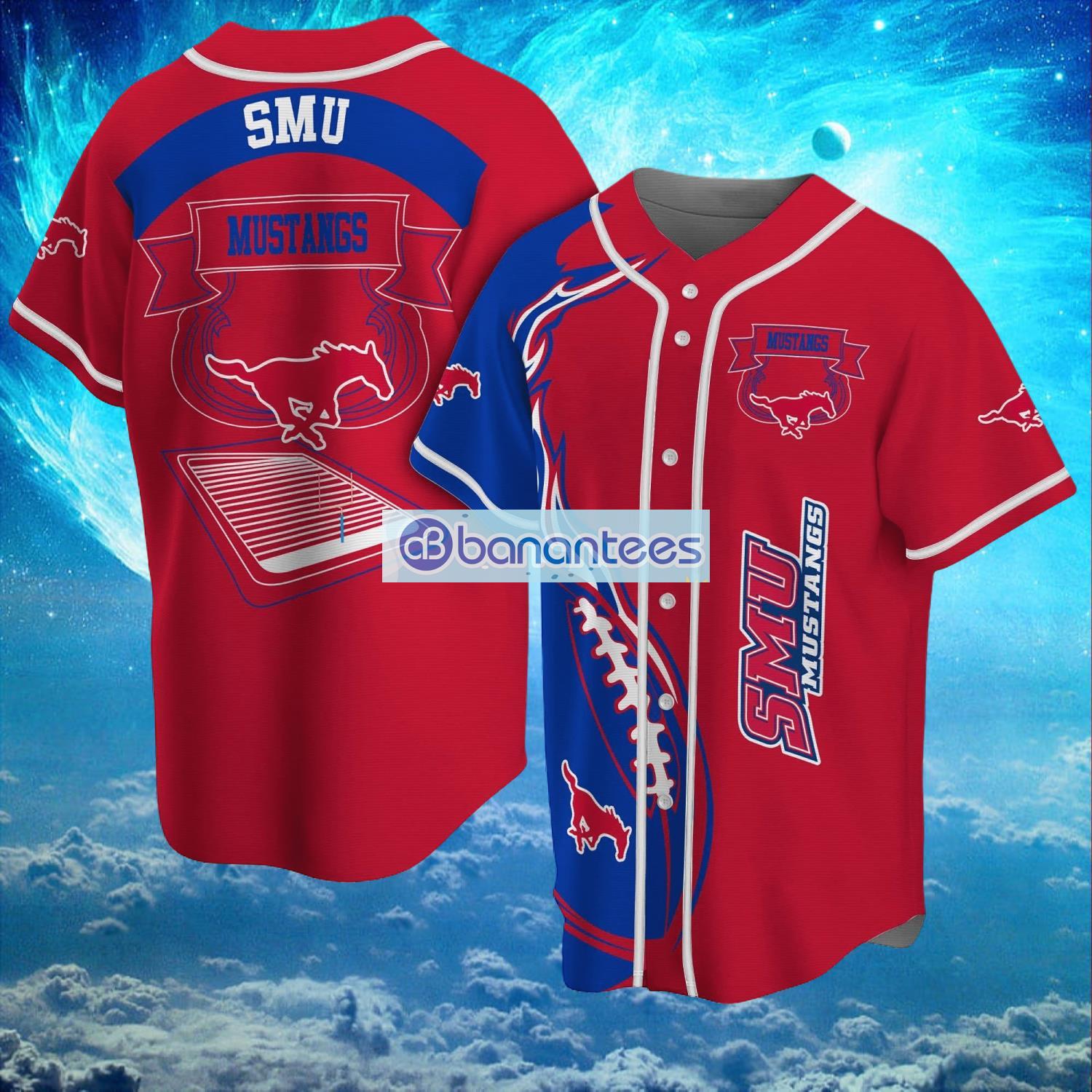 ncaa smu mustangs logo design fire ball baseball jersey shirt full print image NCAA Smu Mustangs Logo Design Fire Ball Baseball Jersey Shirt Full Print Product Photo 1