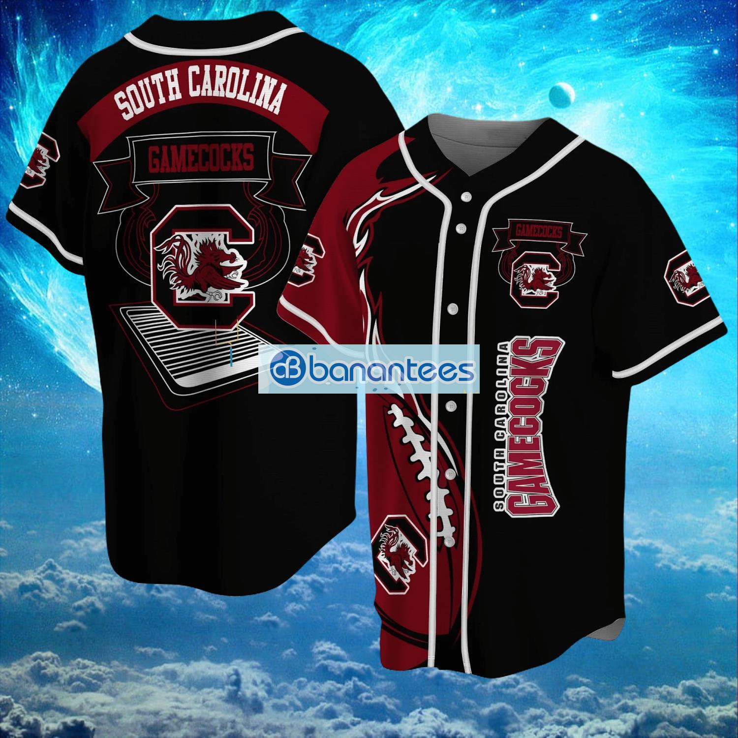 ncaa south carolina gamecocks logo design fire ball baseball jersey shirt full print image NCAA South Carolina Gamecocks Logo Design Fire Ball Baseball Jersey Shirt Full Print Product Photo 1