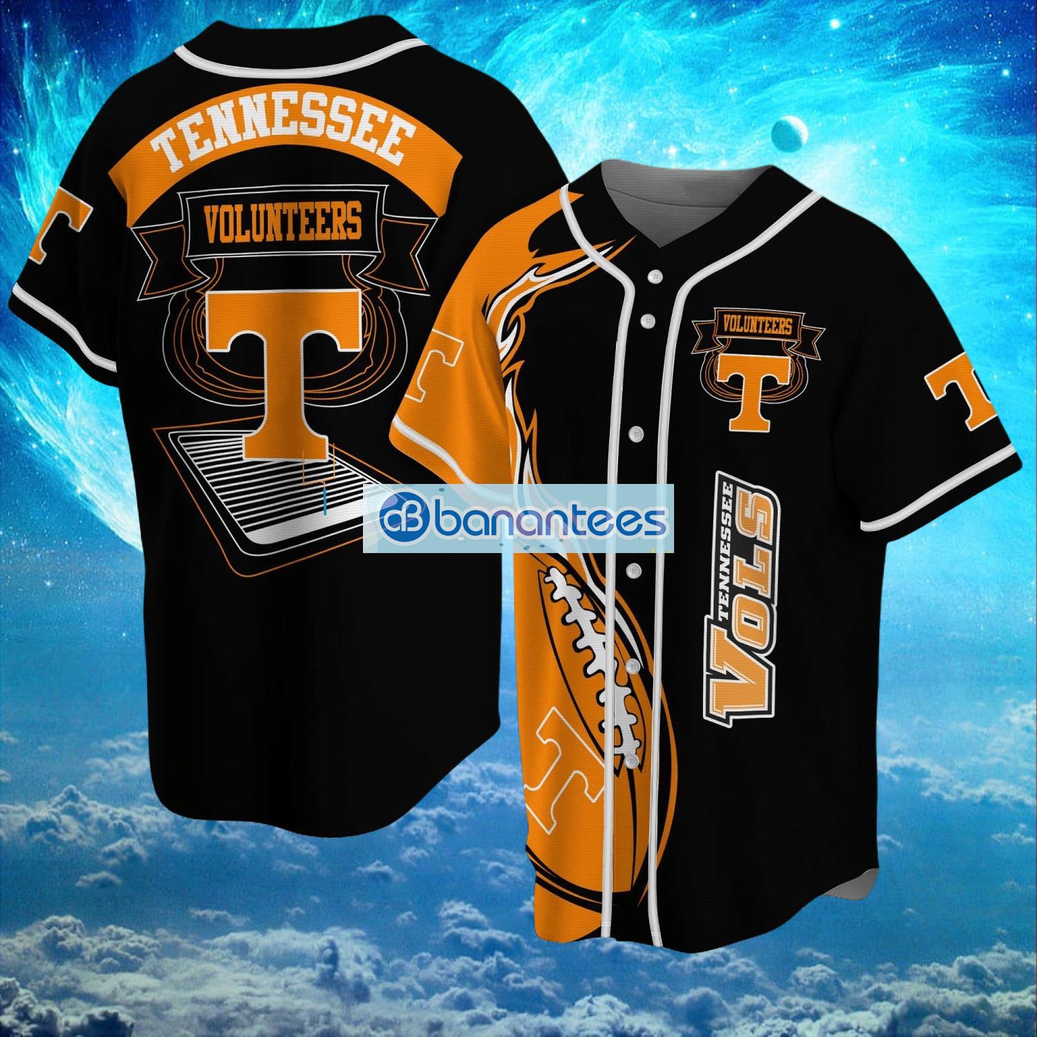 ncaa tennessee volunteers logo design fire ball baseball jersey shirt full print image NCAA Tennessee Volunteers Logo Design Fire Ball Baseball Jersey Shirt Full Print Product Photo 1