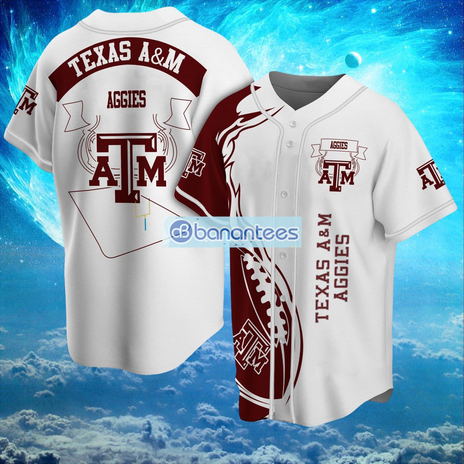 ncaa texas am aggies logo design fire ball baseball jersey shirt full print image NCAA Texas A&M Aggies Logo Design Fire Ball Baseball Jersey Shirt Full Print Product Photo 1