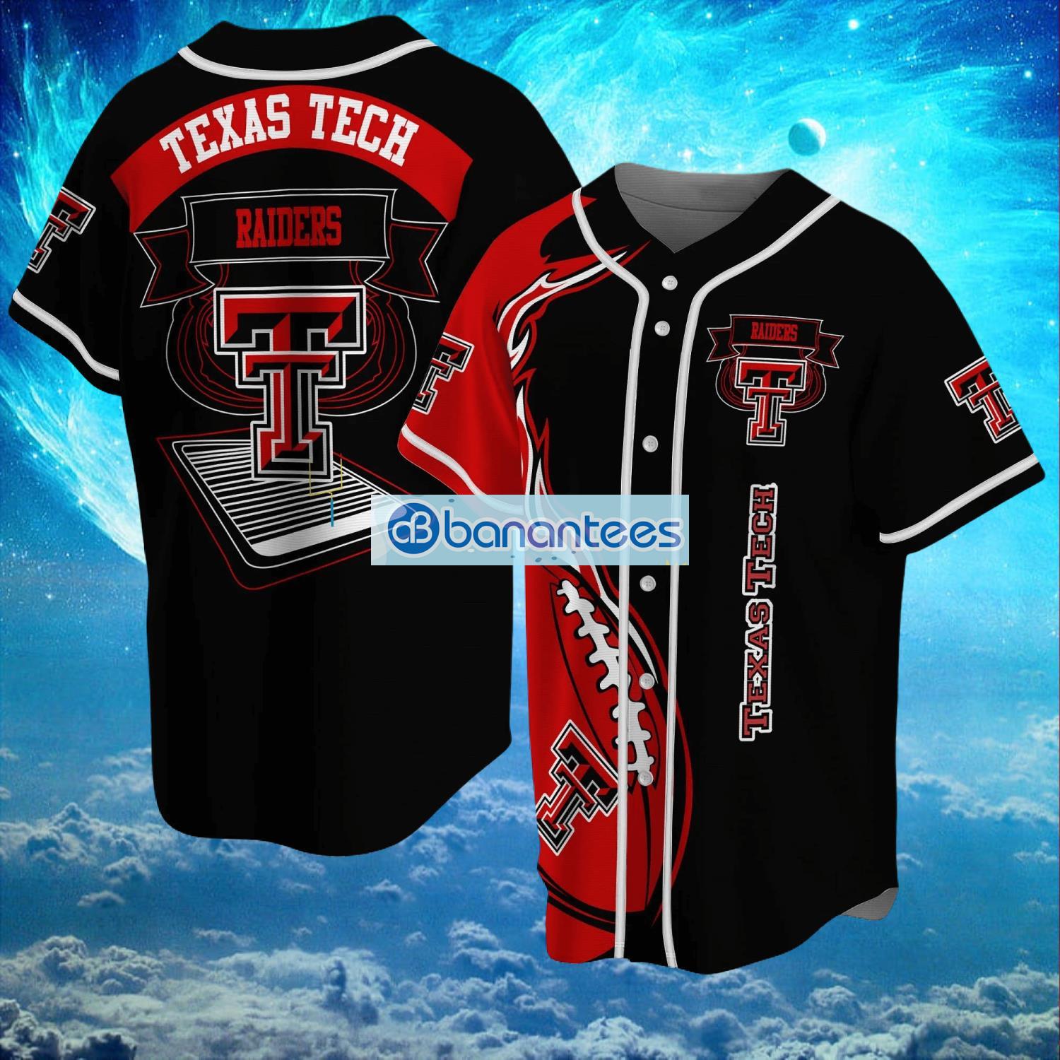 ncaa texas tech red raiders logo design fire ball baseball jersey shirt full print image NCAA Texas Tech Red Raiders Logo Design Fire Ball Baseball Jersey Shirt Full Print Product Photo 1